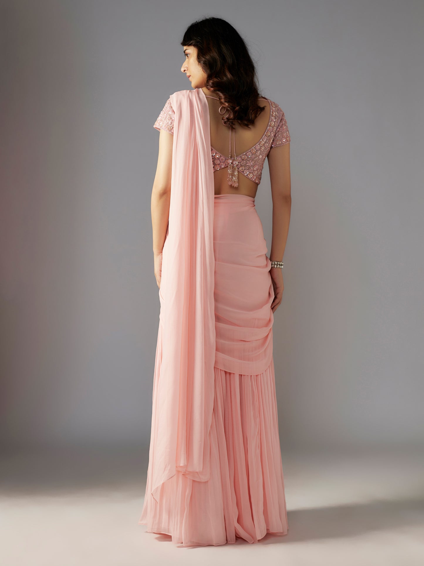 Pink Hand Embroiderd Draped Sharara Set