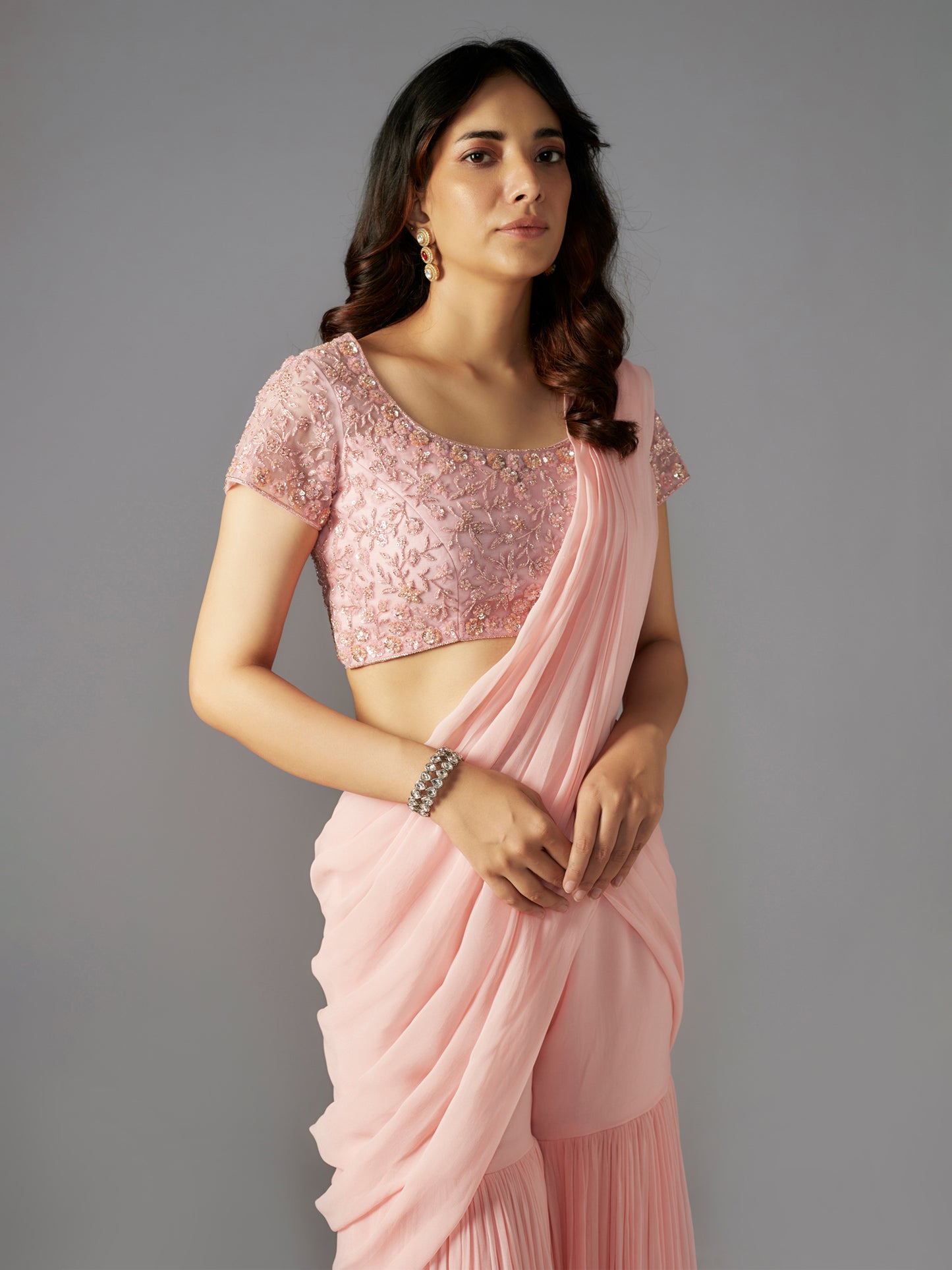 Pink Hand Embroiderd Draped Sharara Set