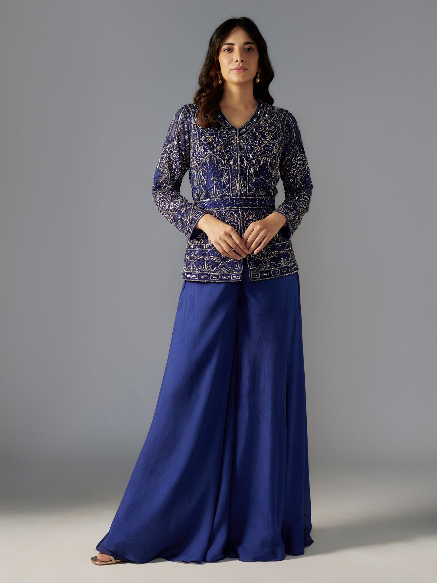 Navy Embroidered Net Jacket Set with Belt