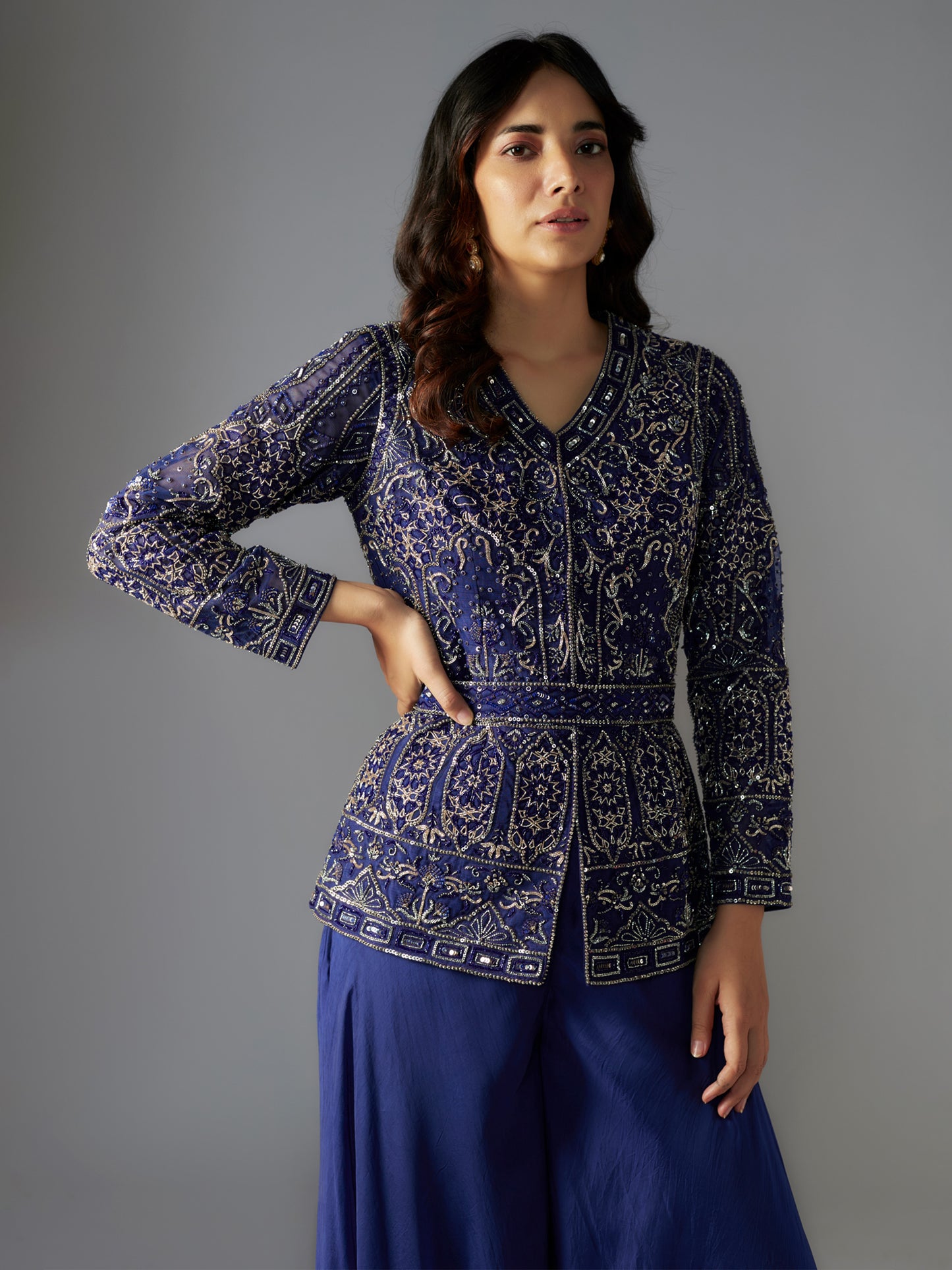 Navy Embroidered Net Jacket Set with Belt