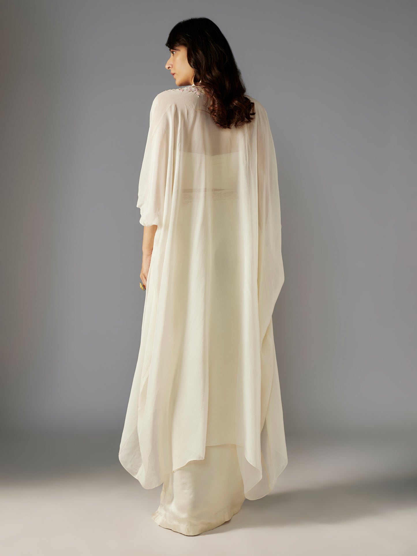 Ivory Hand Embroidered Side Slit Skirt Set with Embroidered Cape