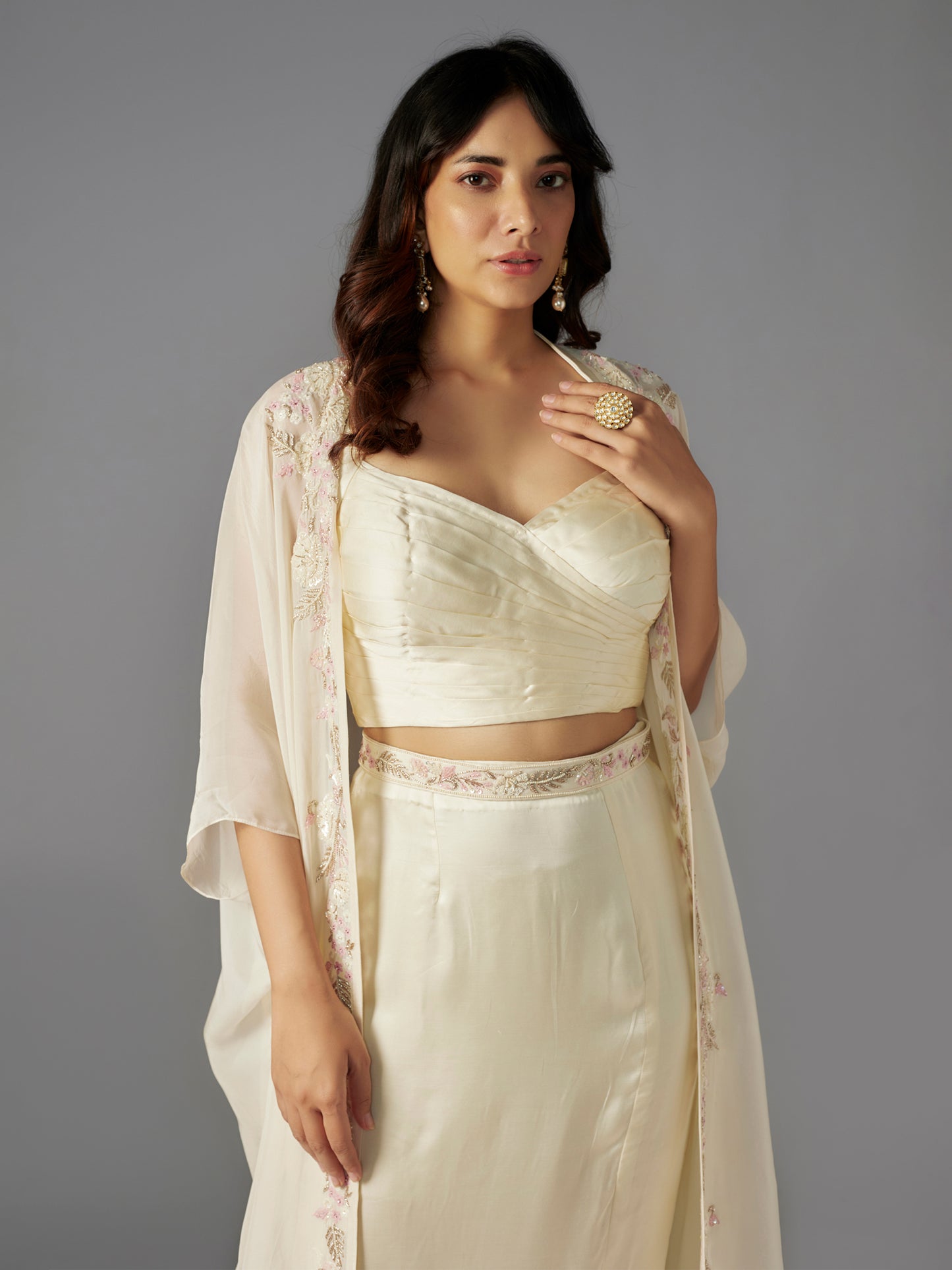 Ivory Hand Embroidered Side Slit Skirt Set with Embroidered Cape