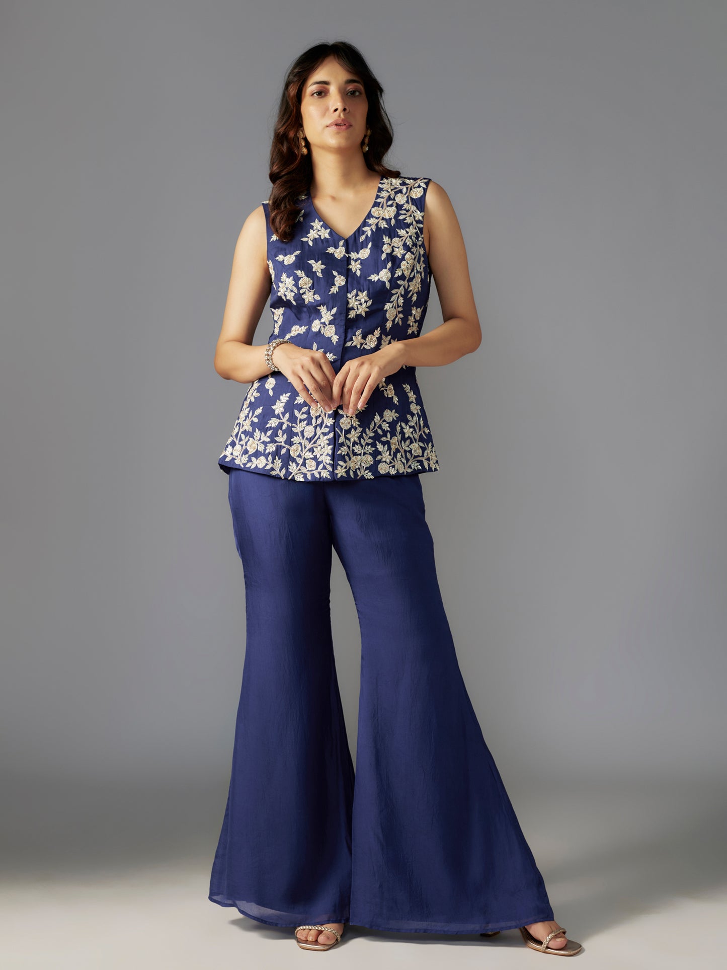 Navy Embroidered Flat Chiffon Sharara Set