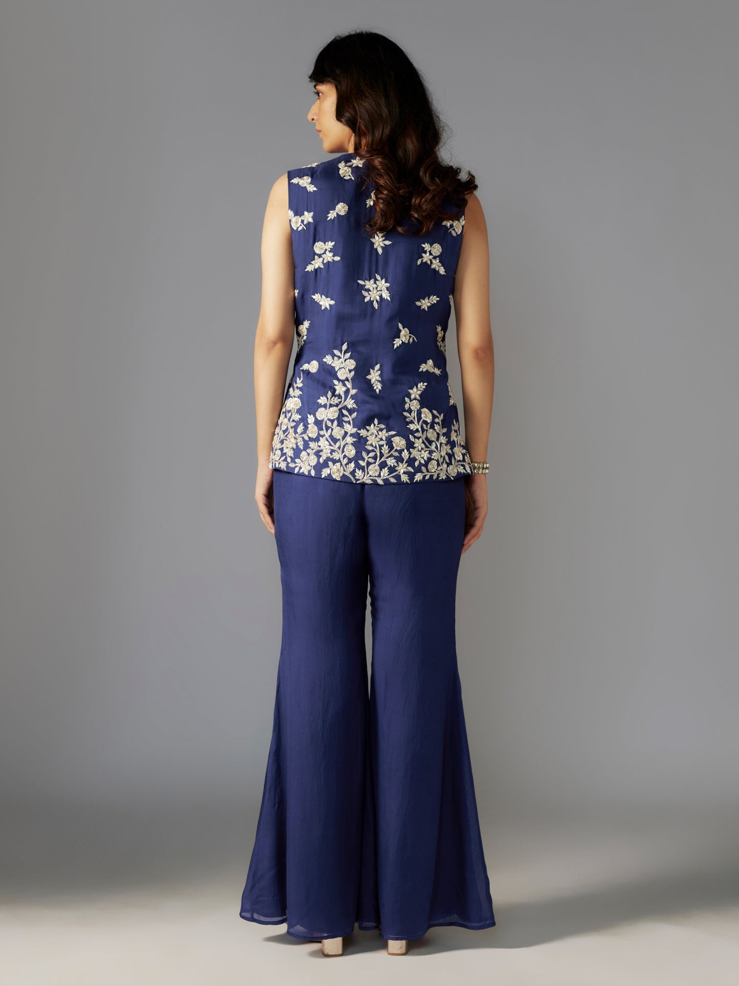 Navy Embroidered Flat Chiffon Sharara Set