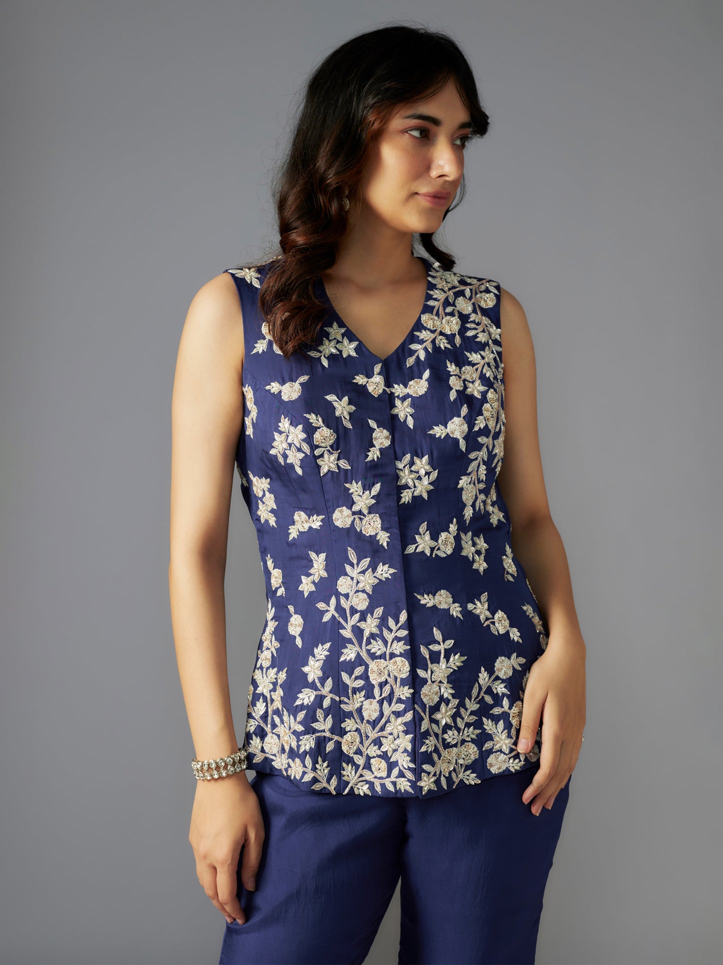Navy Embroidered Flat Chiffon Sharara Set