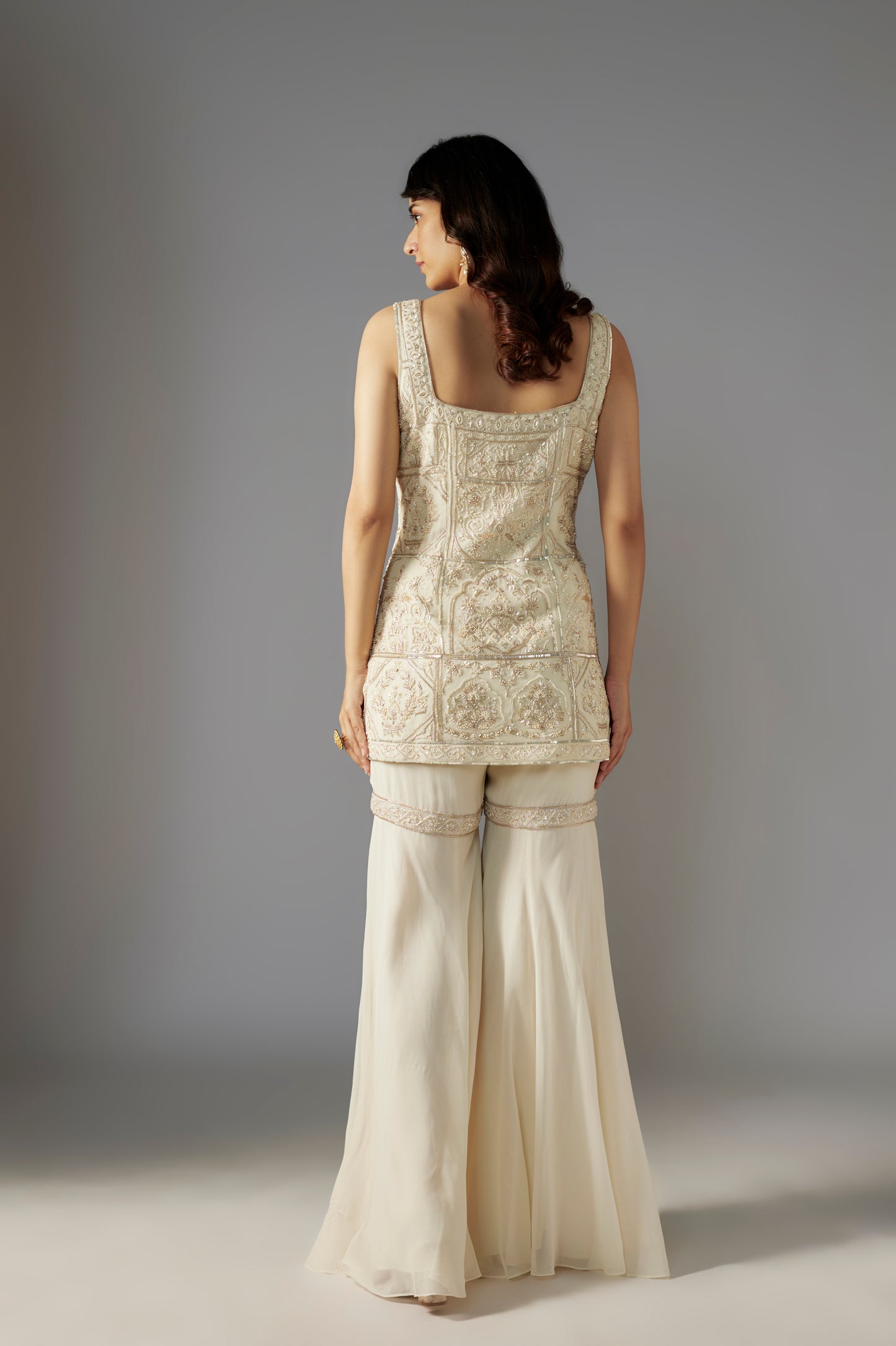 Ivory Embroidered Kurta Set with Sharara Pants and Dupatta