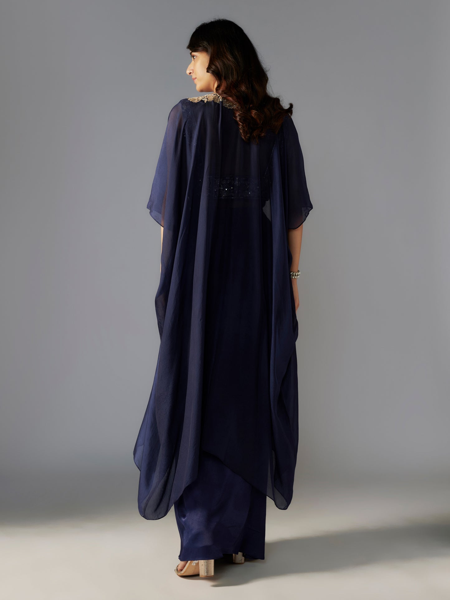 Navy Hand Embroidered Modal Satin Draped Skirt Set with Cape