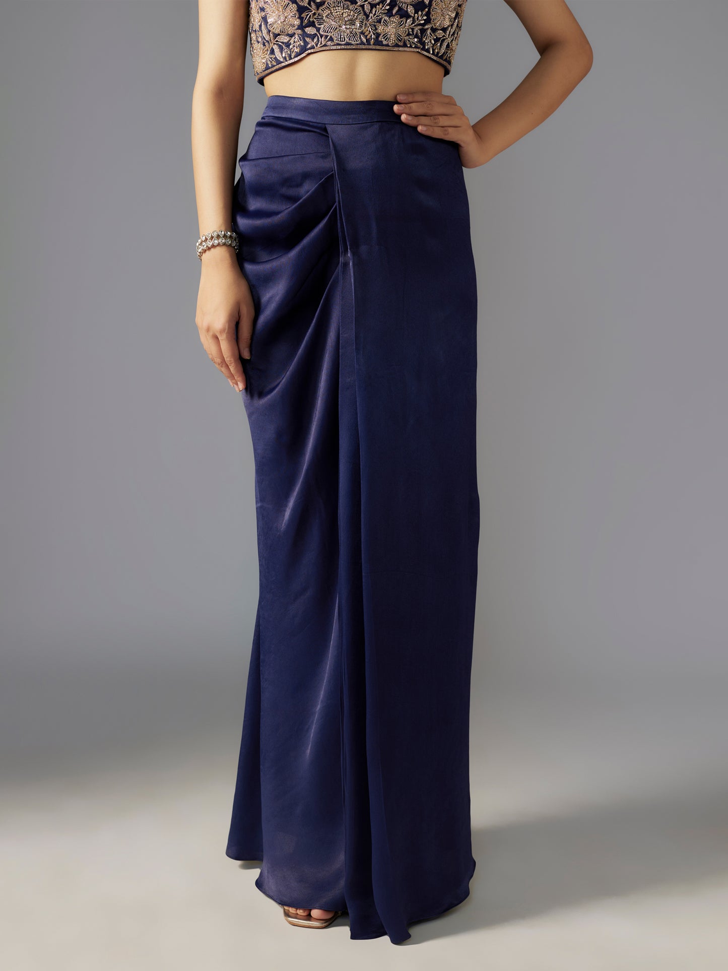 Navy Hand Embroidered Modal Satin Draped Skirt Set with Cape