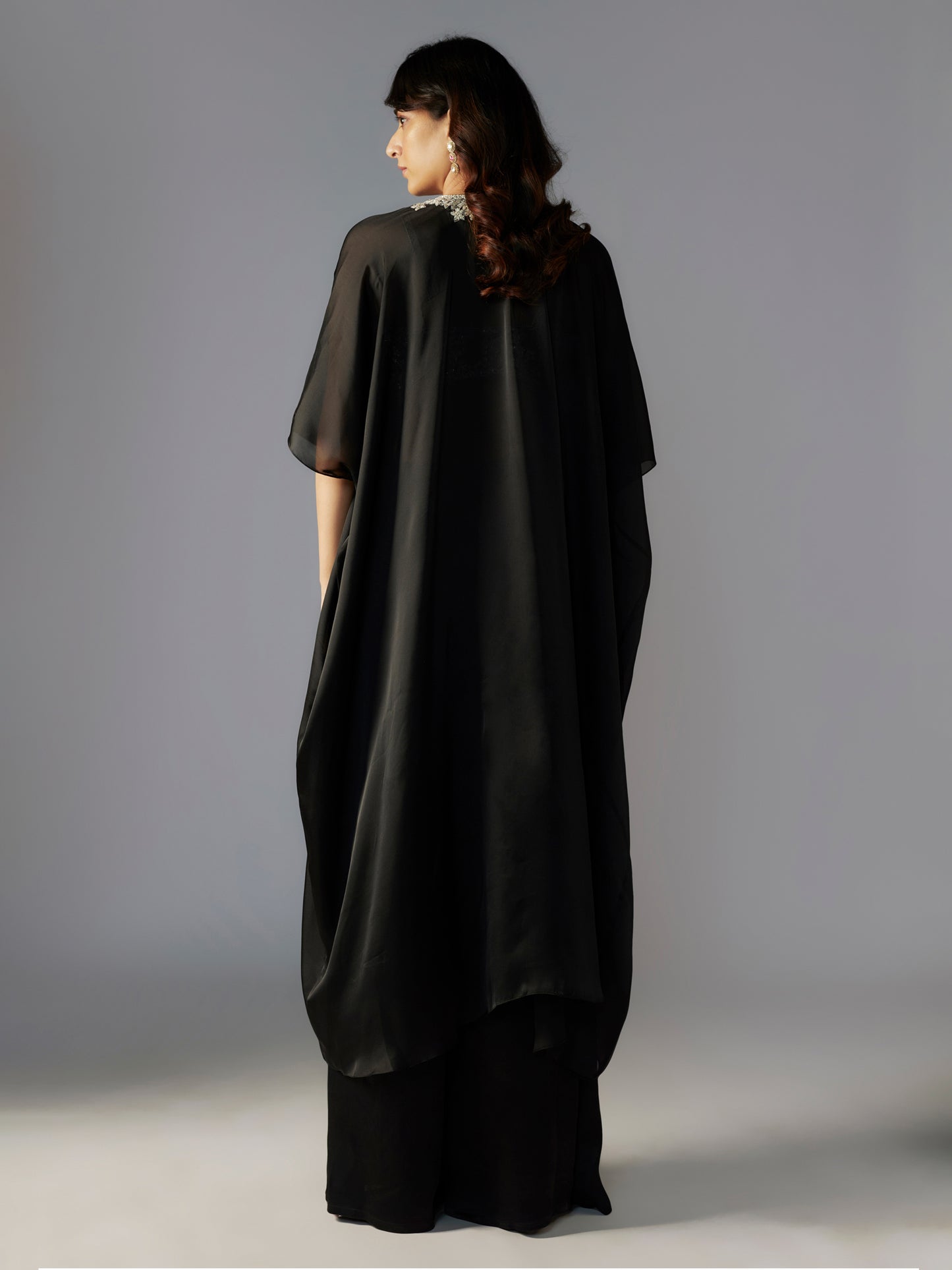 Black Embroidered Crepe Satin Sharara Set with Cape