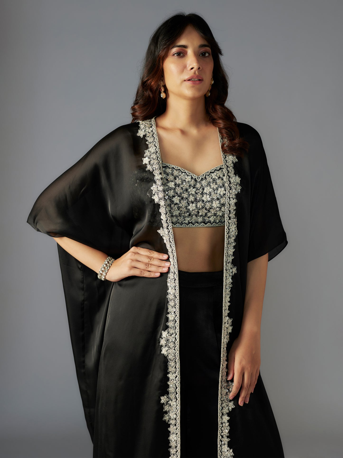 Black Embroidered Crepe Satin Sharara Set with Cape