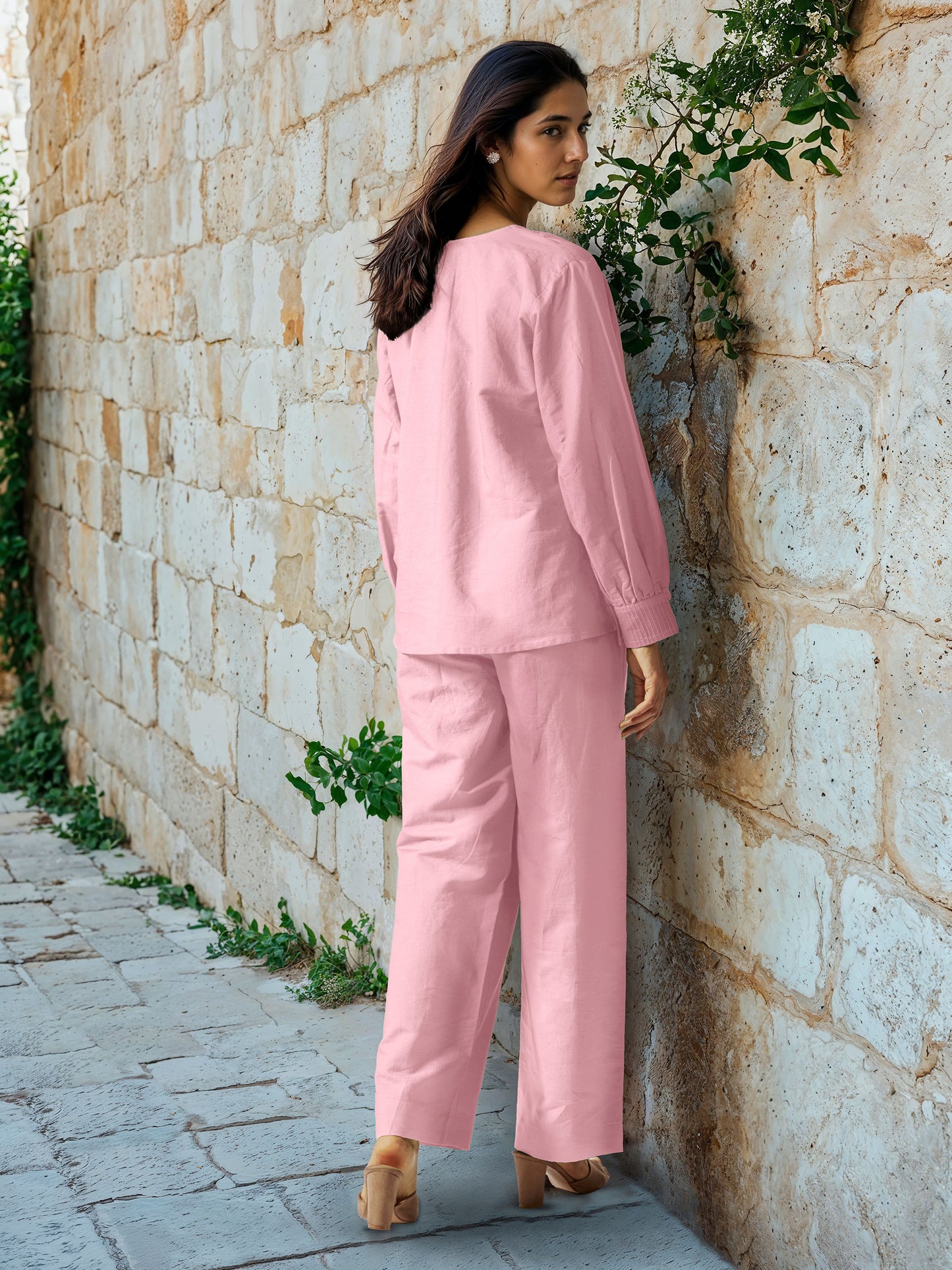 Baby Pink Cotton Linen Top with Pintuck Detailed Yoke
