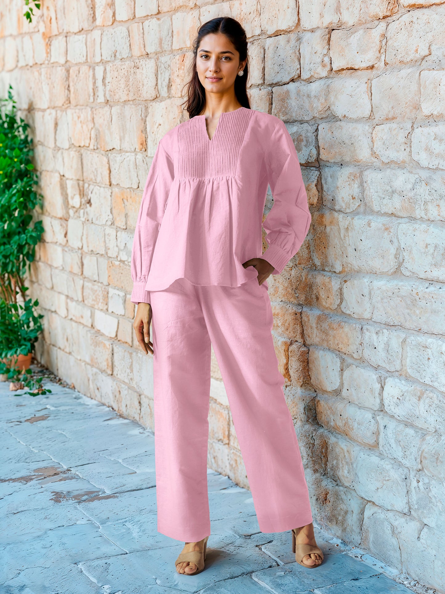 Baby Pink Cotton Linen Top with Pintuck Detailed Yoke