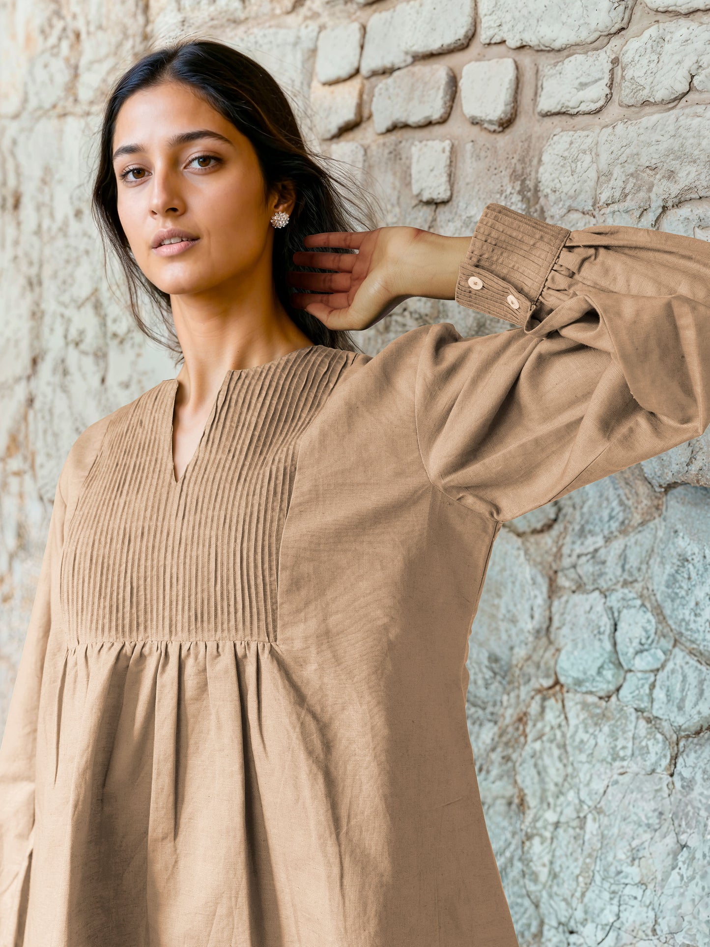 Beige Cotton Linen Top with Pintuck Detailed Yoke