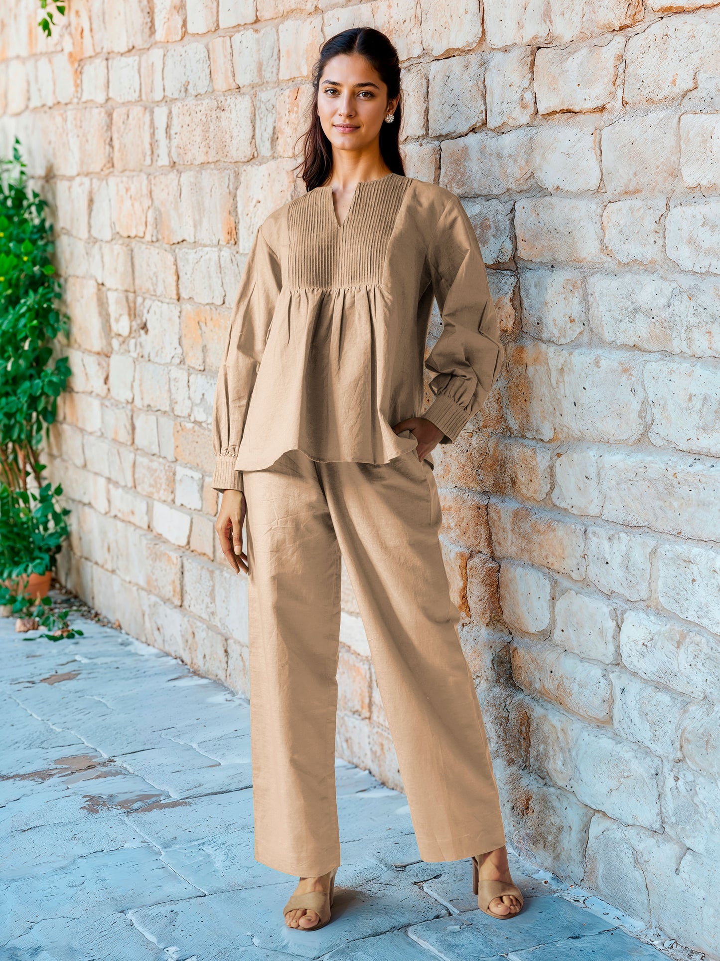 Beige Cotton Linen Top with Pintuck Detailed Yoke