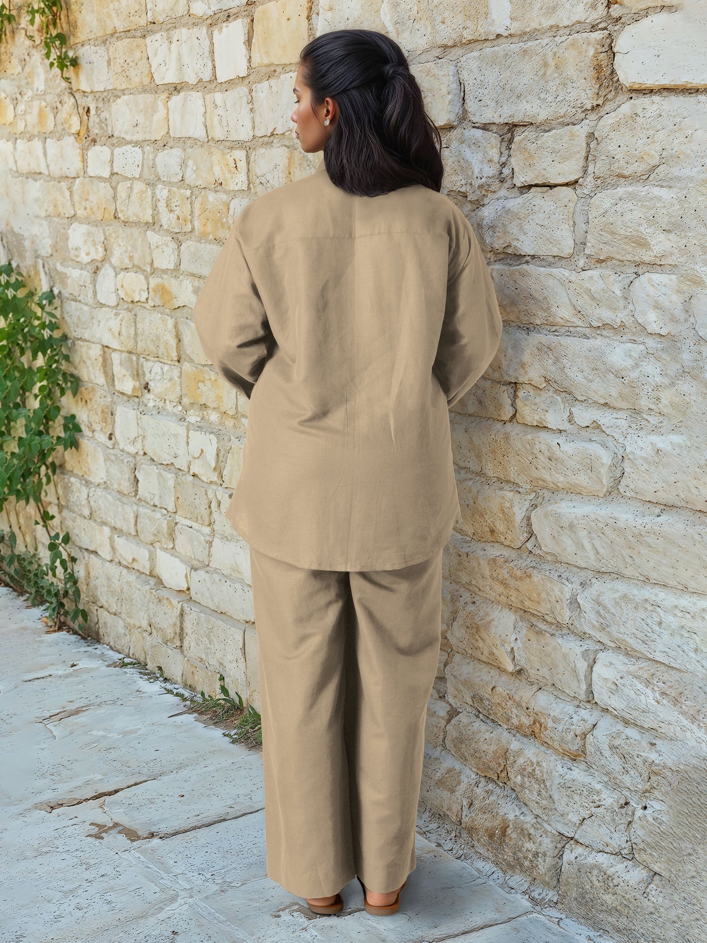 Beige Linen Embroidered Co-Ord Set