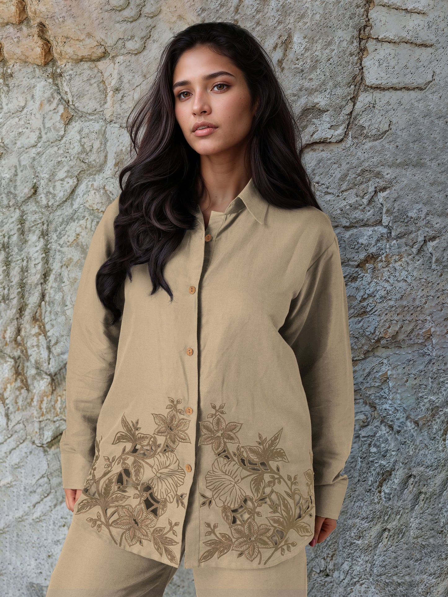 Beige Linen Embroidered Co-Ord Set