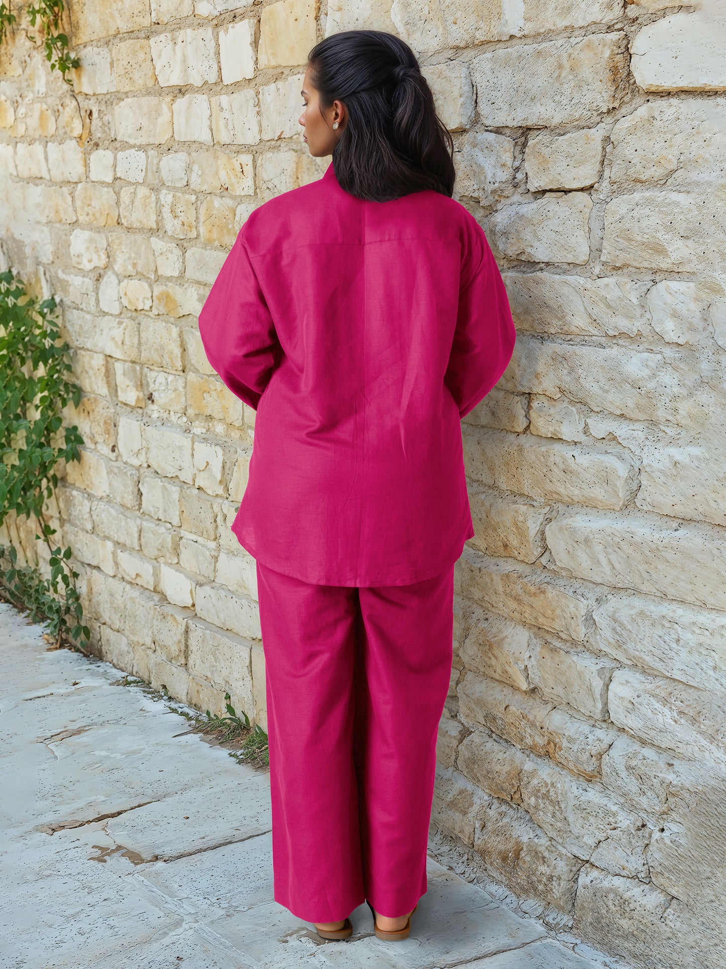 Dark Pink Linen Embroidered Co-Ord Set