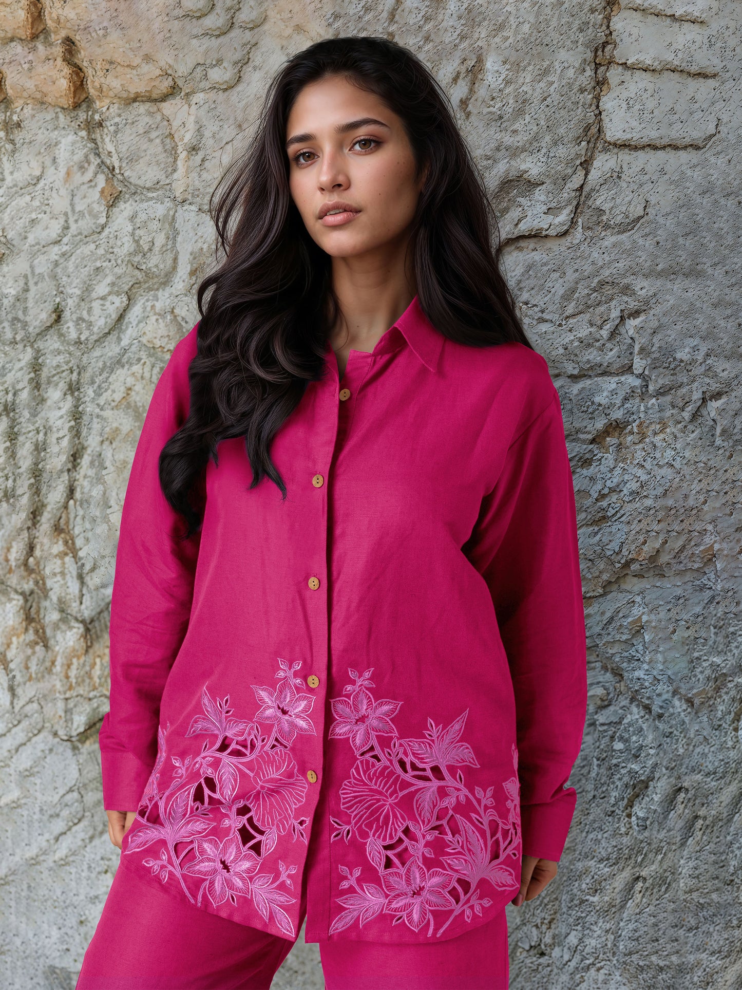Dark Pink Linen Embroidered Co-Ord Set