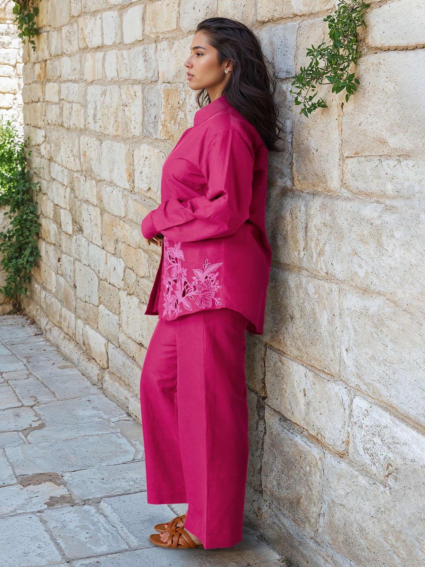 Dark Pink Linen Embroidered Co-Ord Set