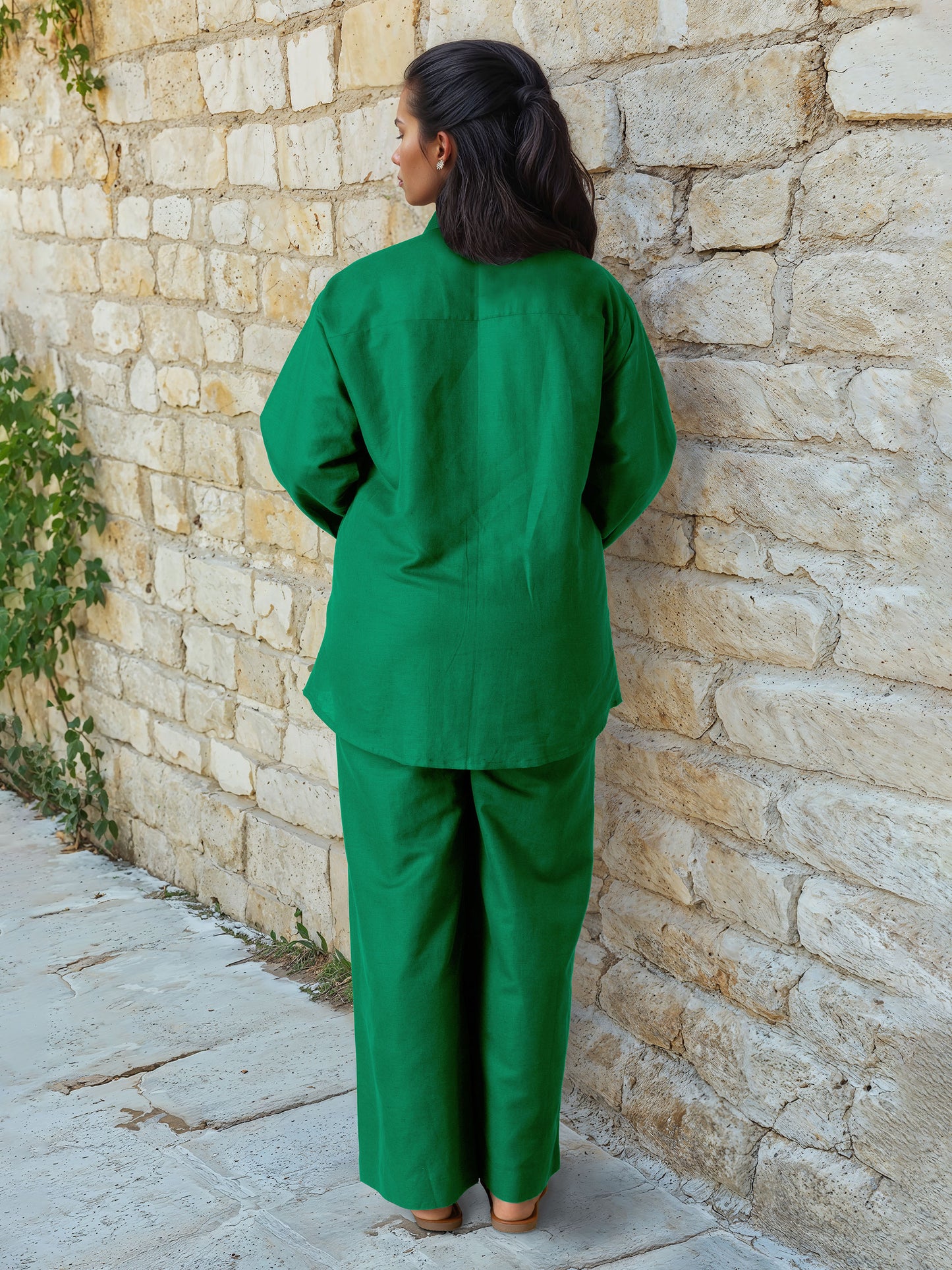 Green Linen Embroidered Co-Ord Set