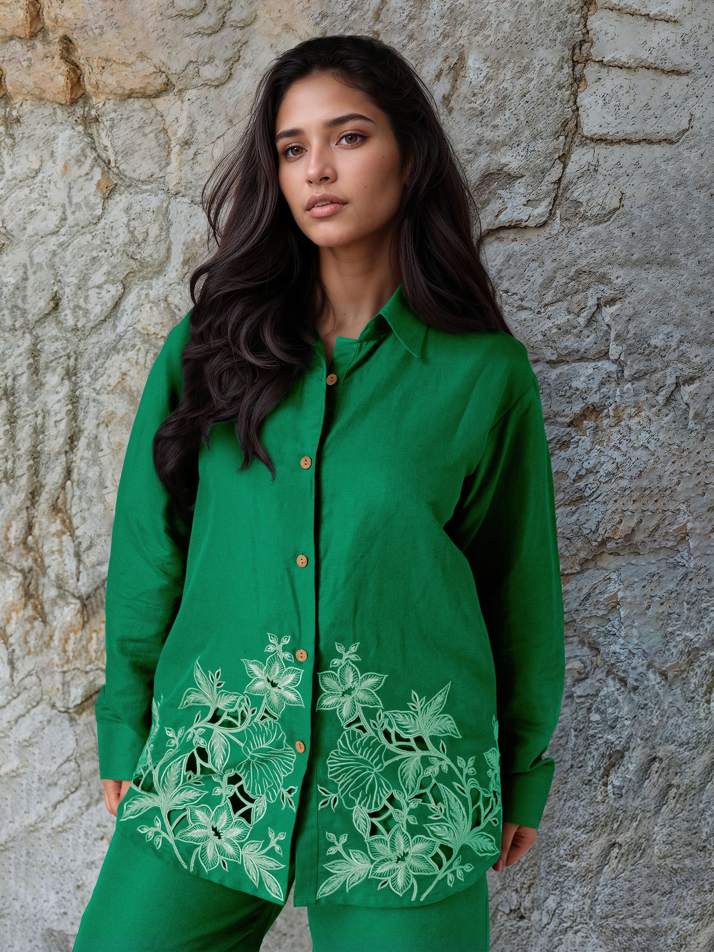 Green Linen Embroidered Co-Ord Set
