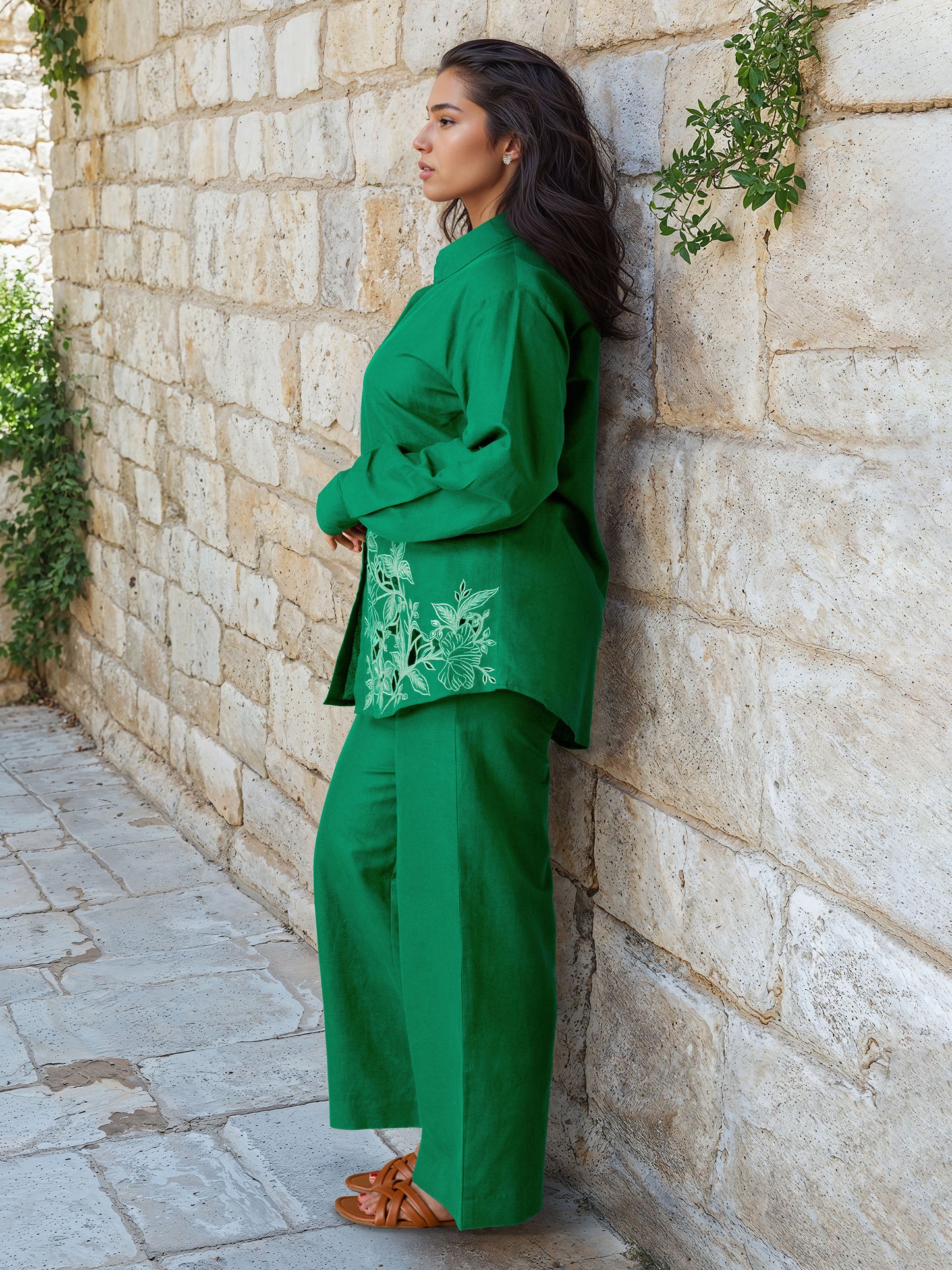 Green Linen Embroidered Co-Ord Set