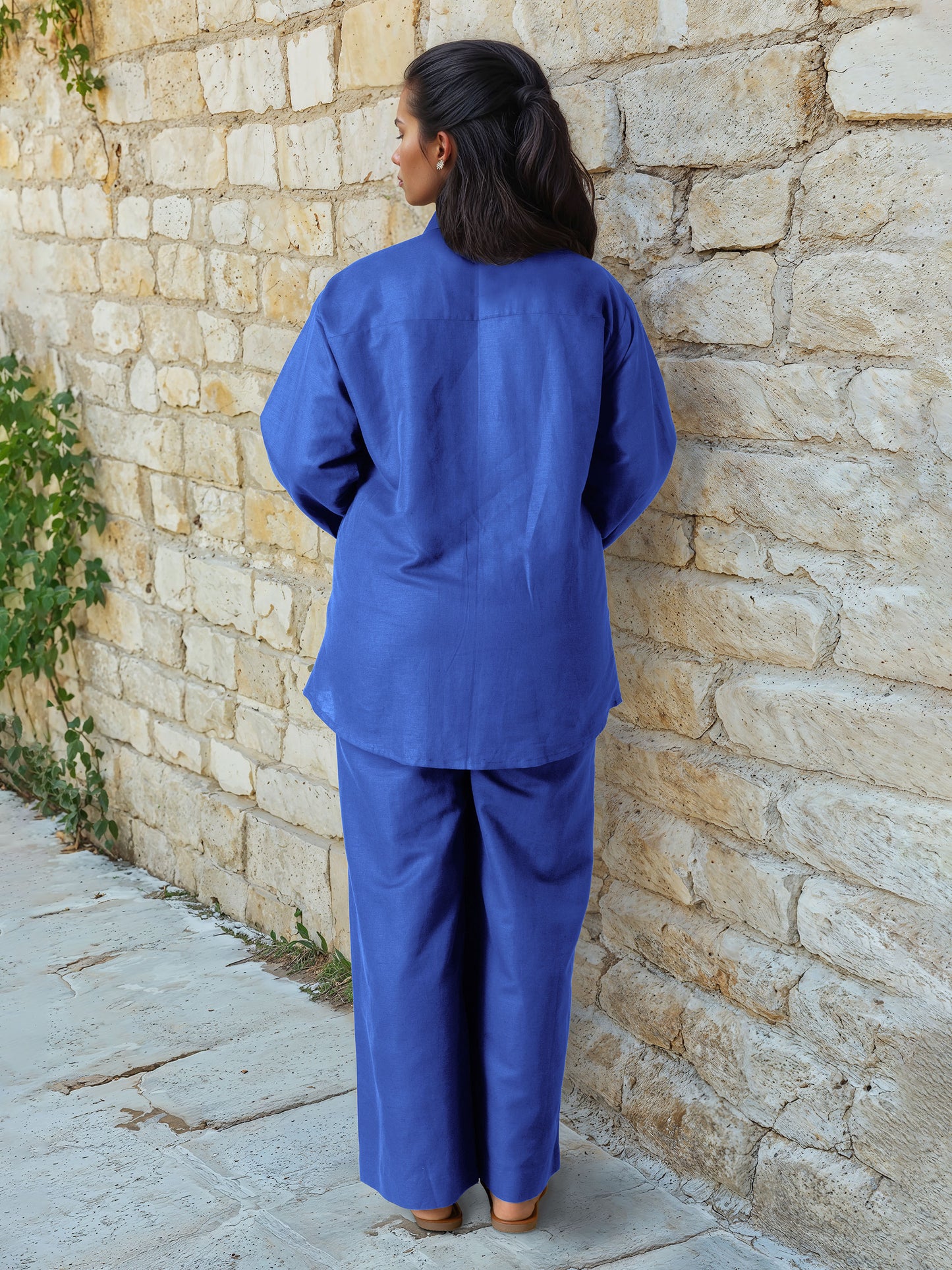 Teal Blue Linen Embroidered Co-Ord Set