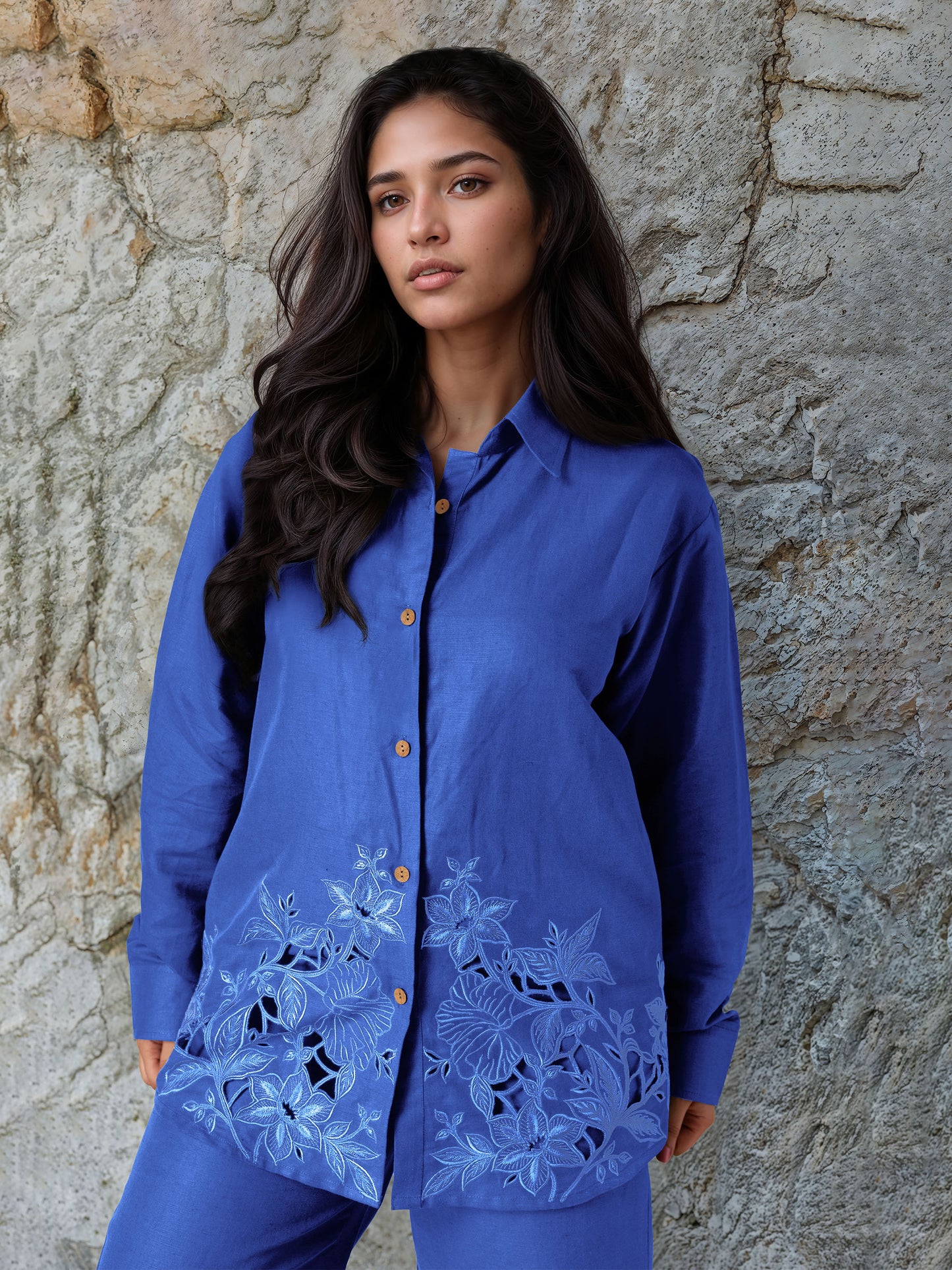 Teal Blue Linen Embroidered Co-Ord Set