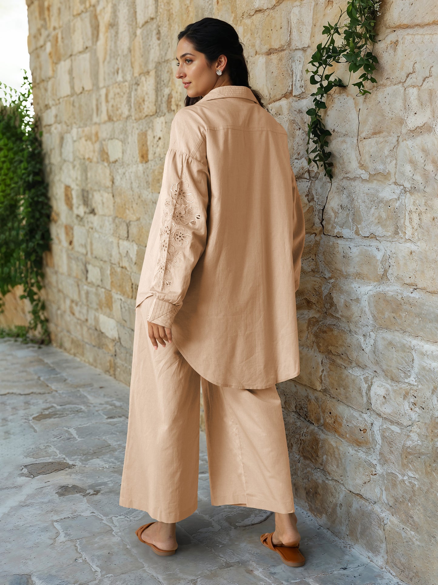 Beige Linen Embroidered Co-Ord Set