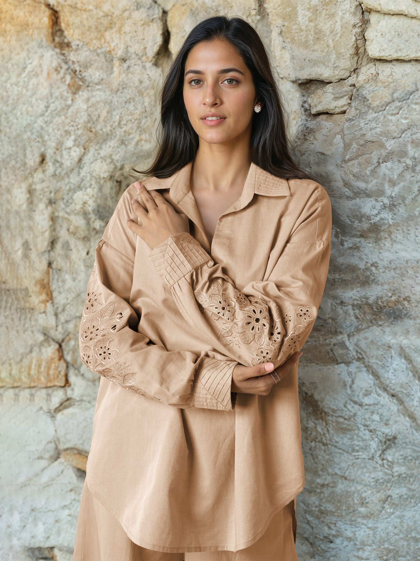 Beige Linen Embroidered Co-Ord Set