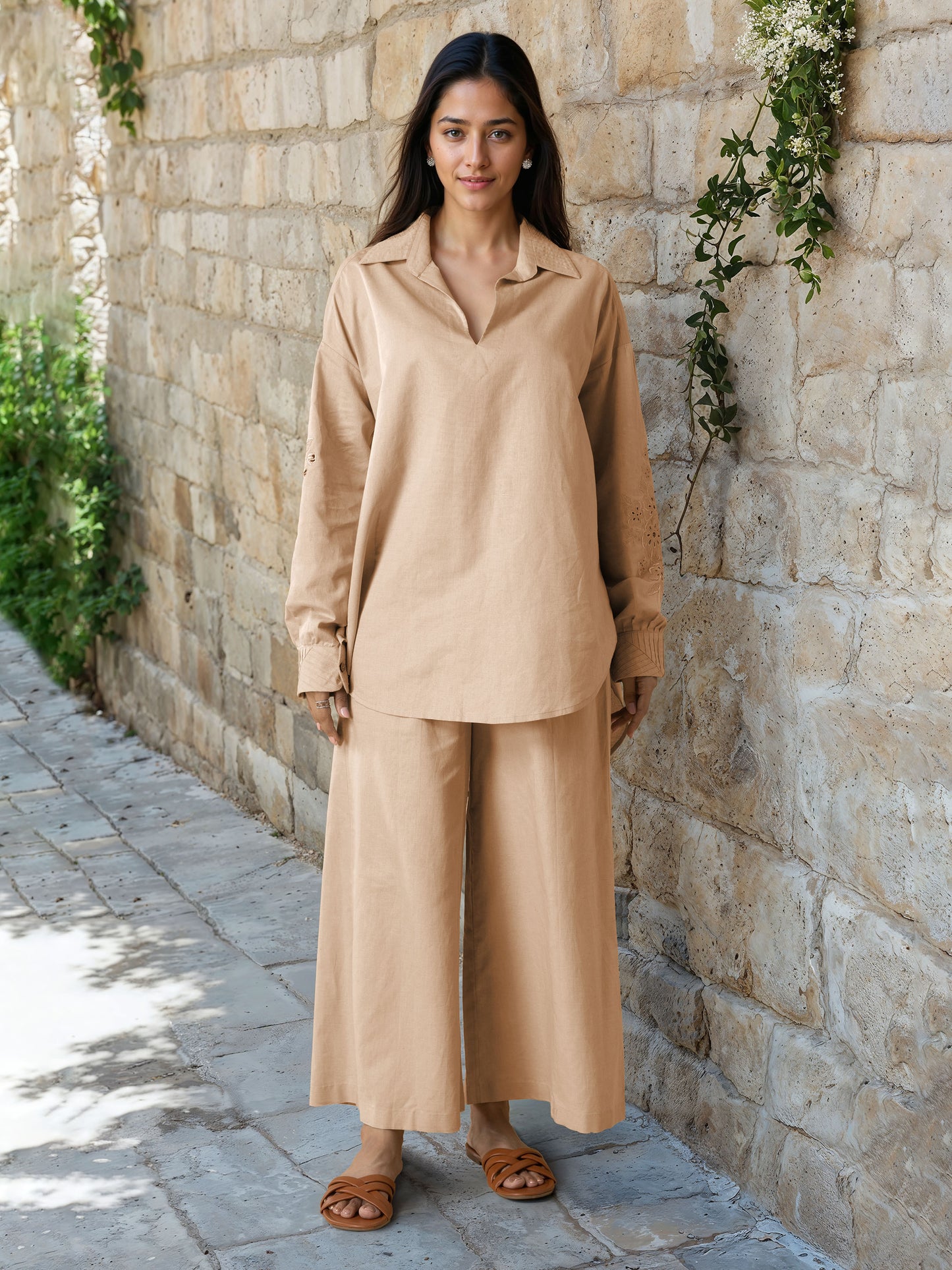 Beige Linen Embroidered Co-Ord Set
