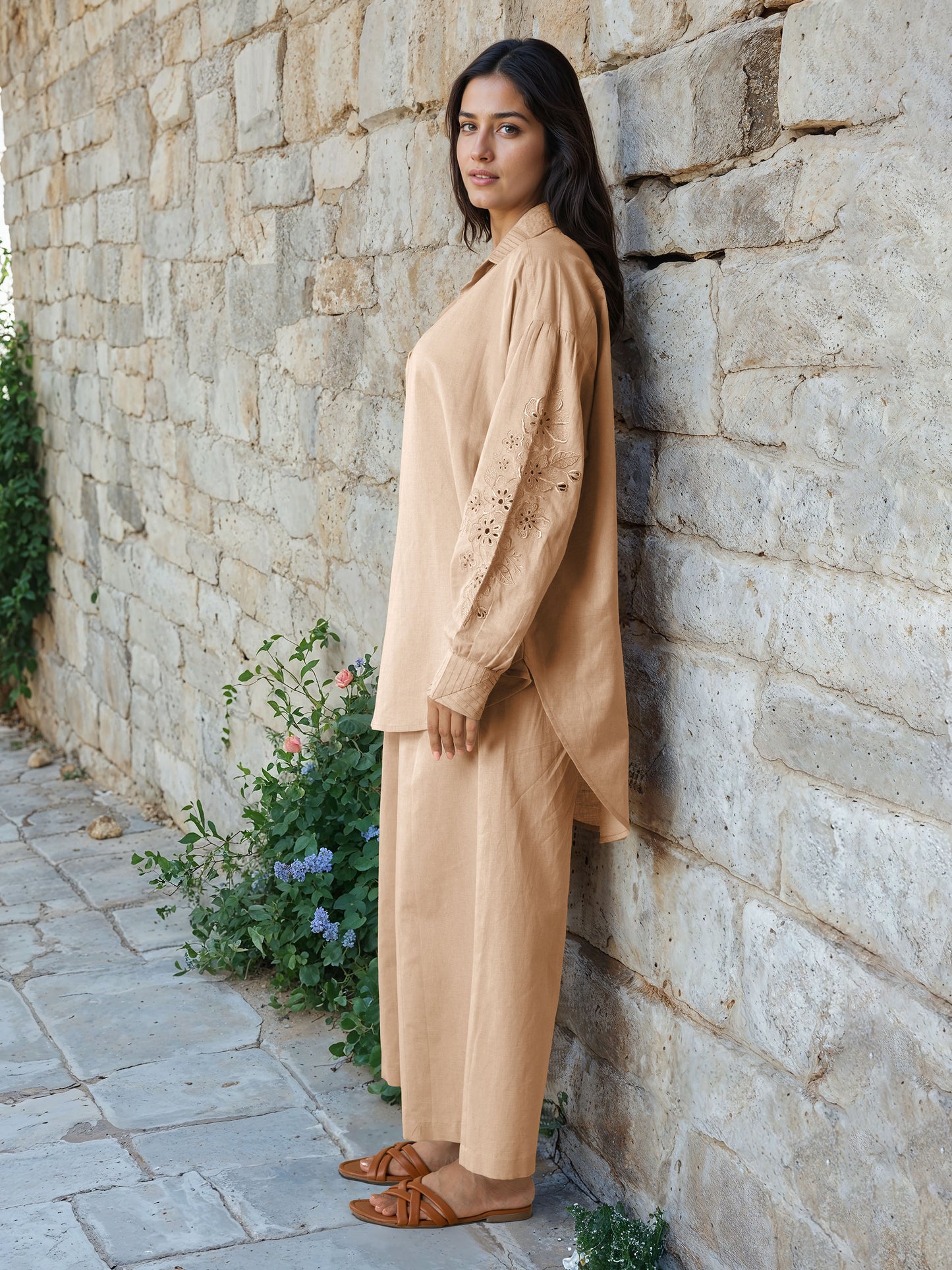 Beige Linen Embroidered Co-Ord Set