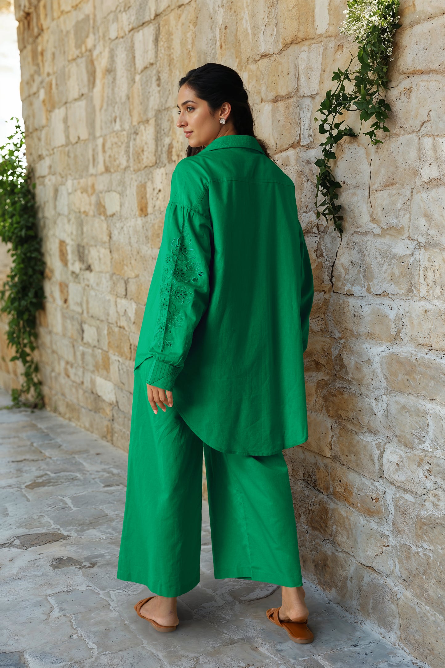 Green Linen Embroidered Co-Ord Set