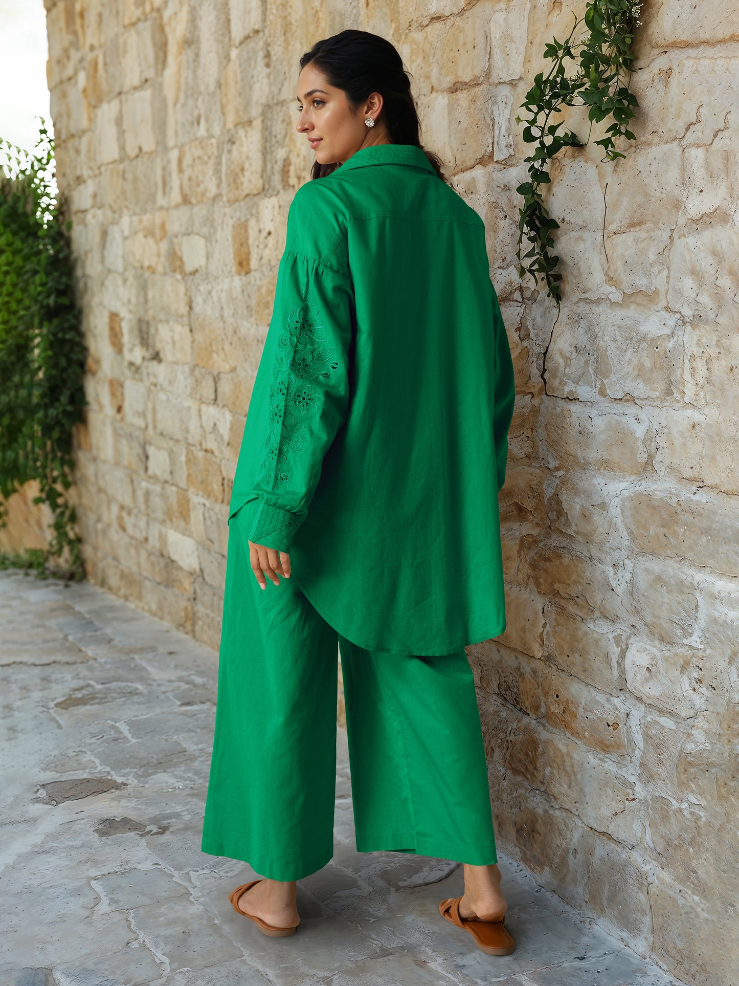 Green Linen Embroidered Co-Ord Set