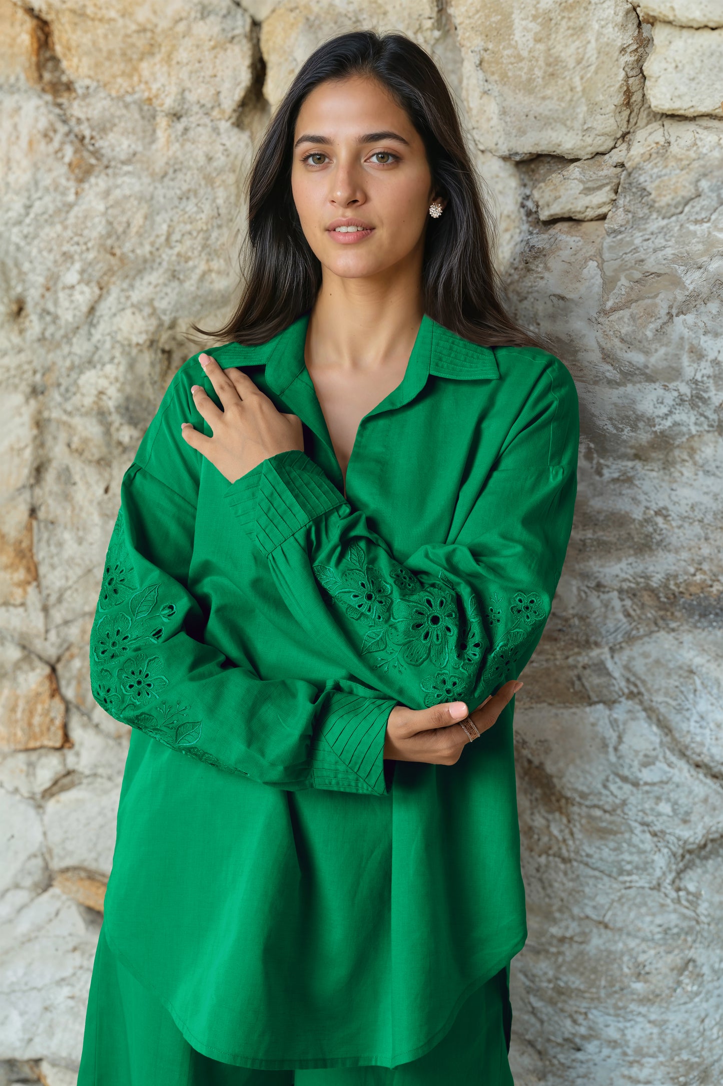 Green Linen Embroidered Co-Ord Set