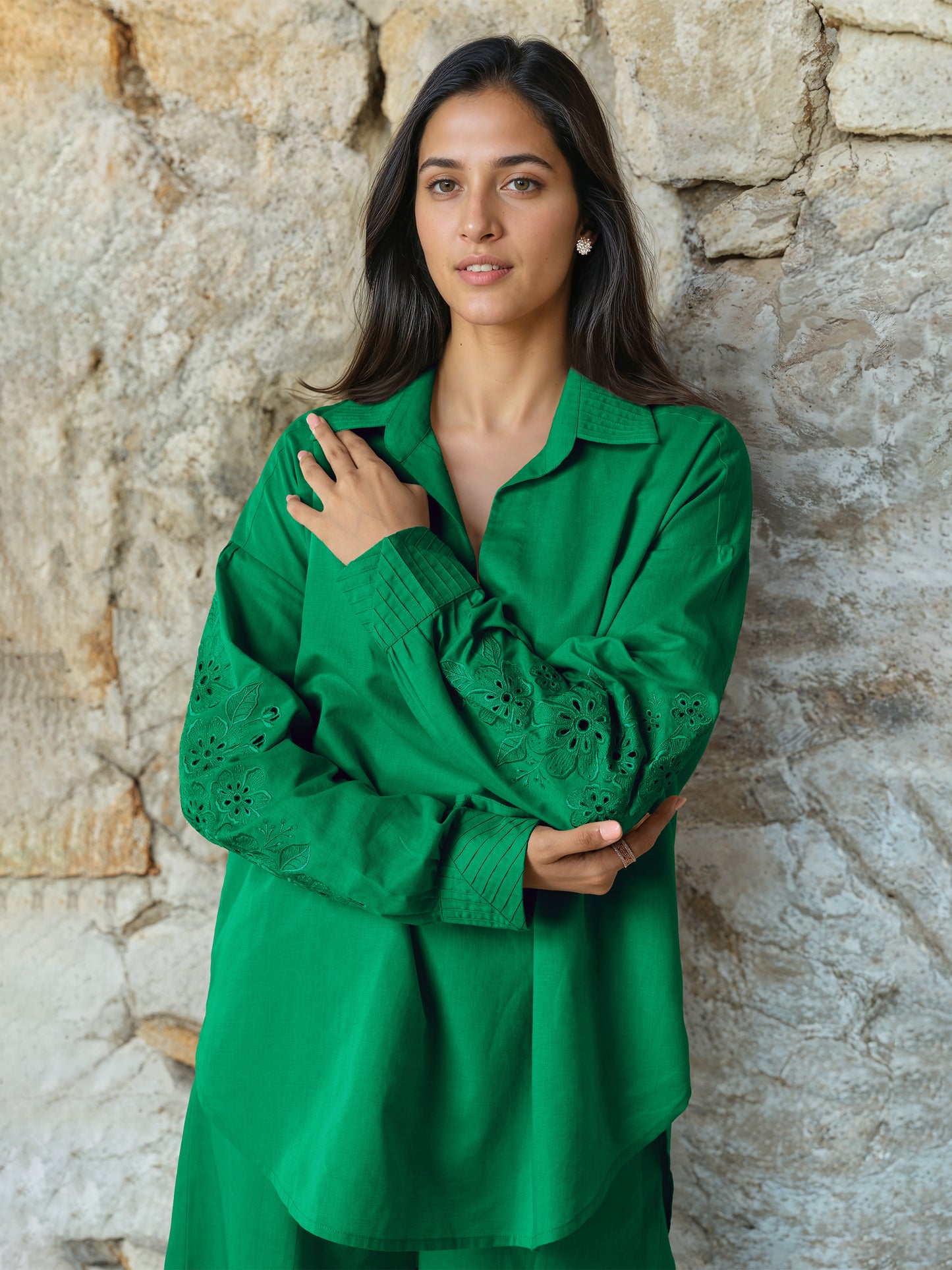 Green Linen Embroidered Co-Ord Set