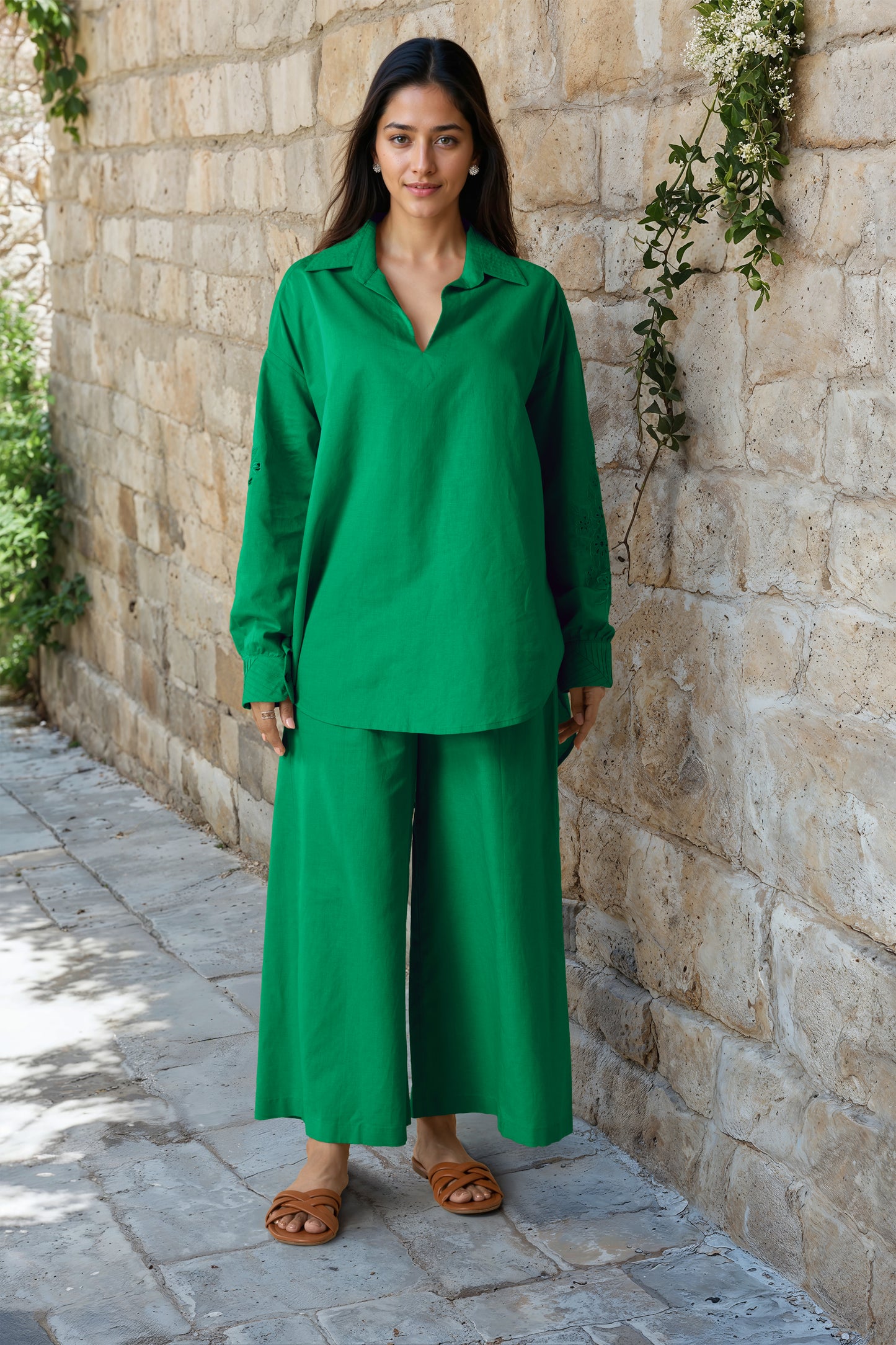 Green Linen Embroidered Co-Ord Set