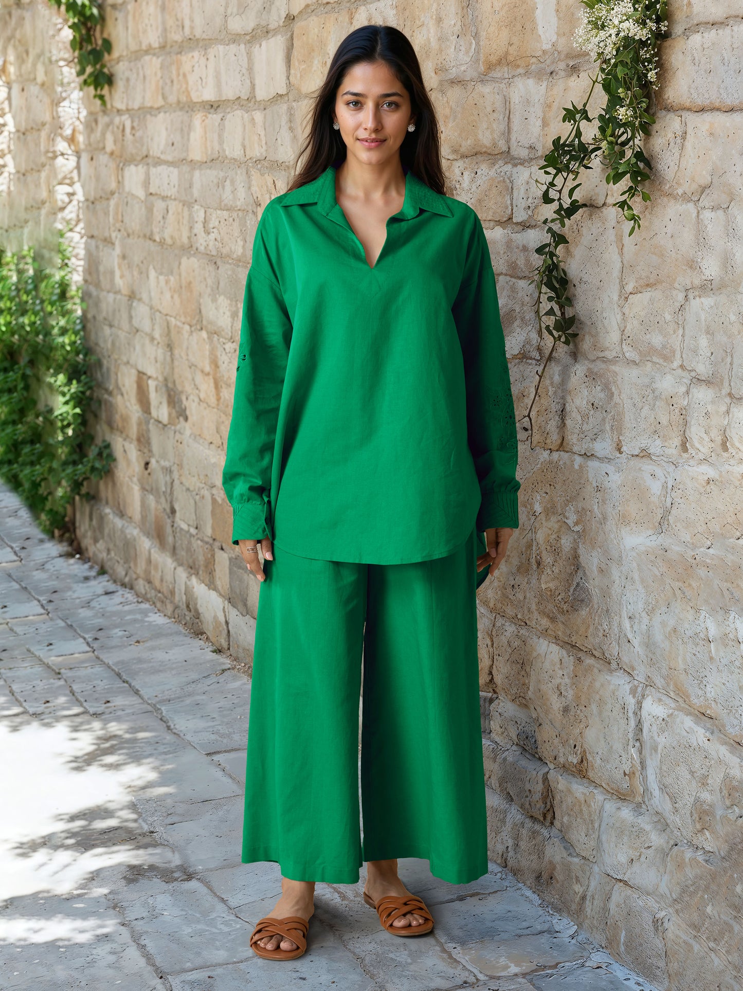 Green Linen Embroidered Co-Ord Set