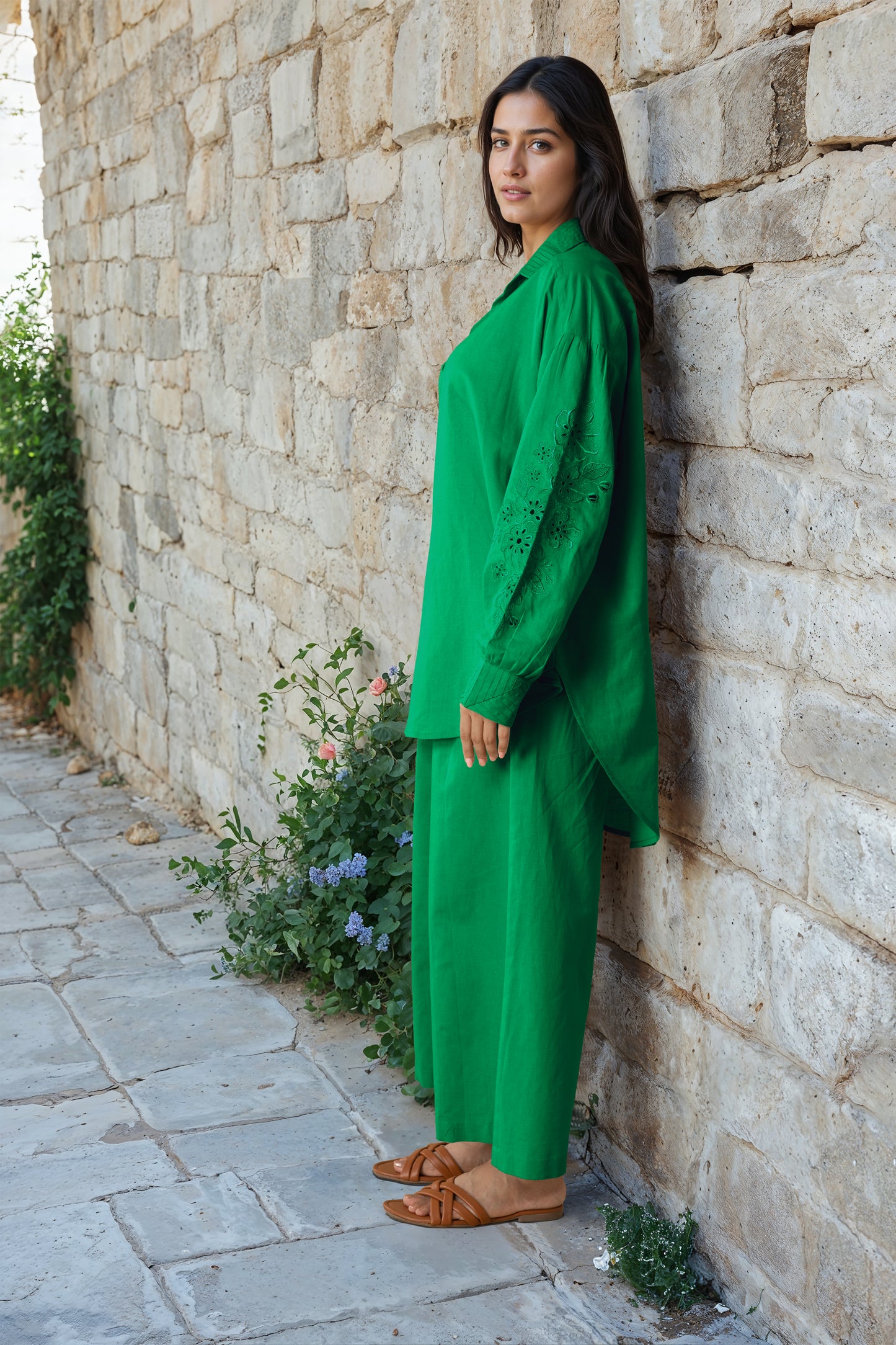 Green Linen Embroidered Co-Ord Set