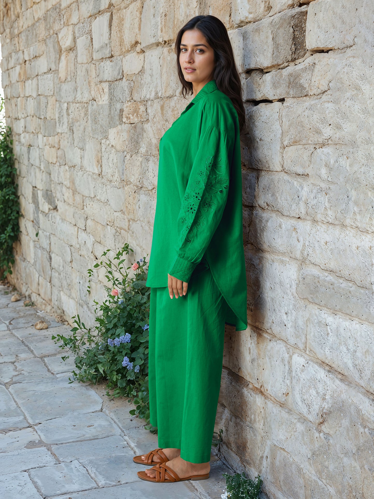 Green Linen Embroidered Co-Ord Set