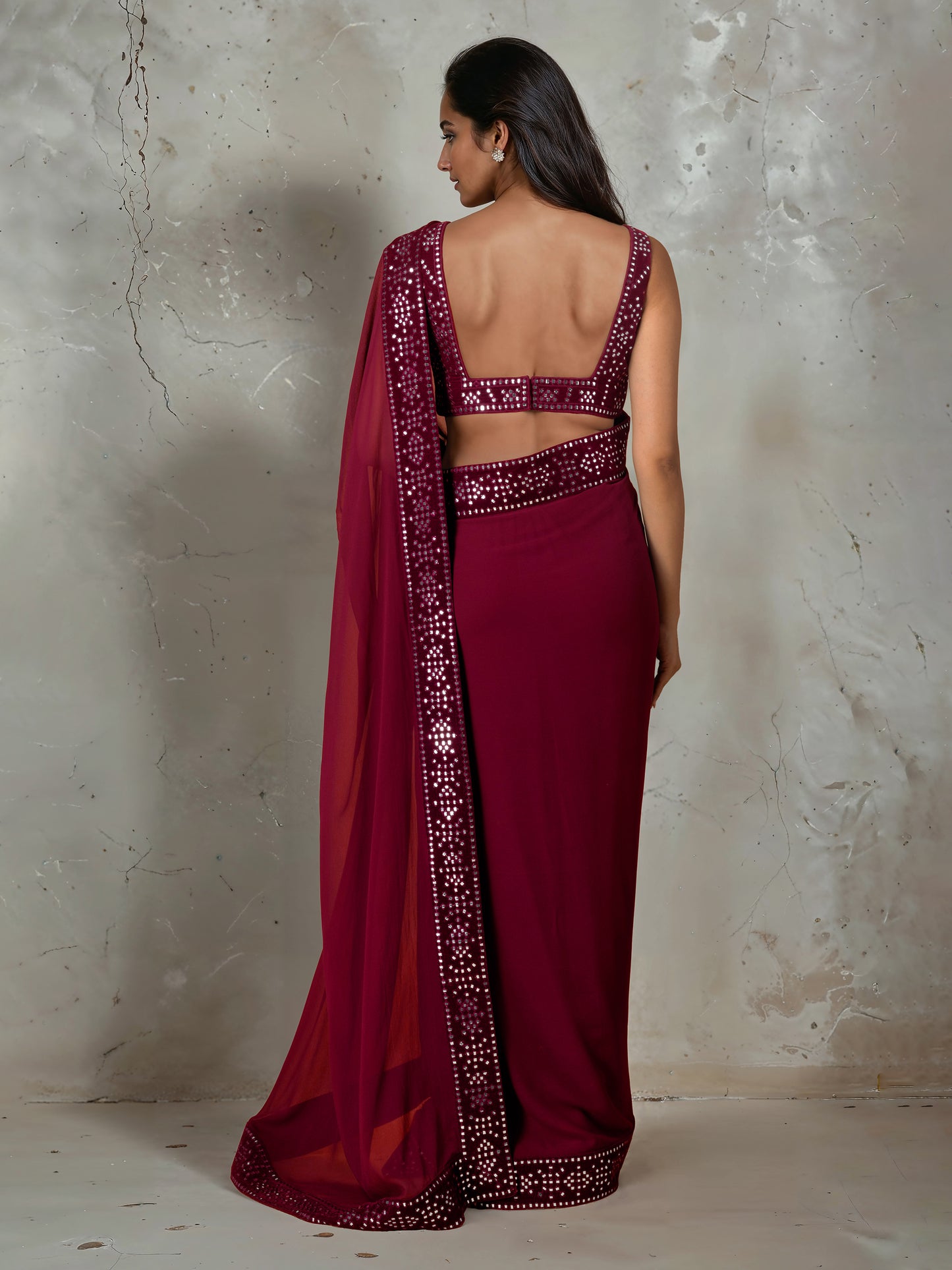 Dark Maroon Abla Work Saree and Blouse Set