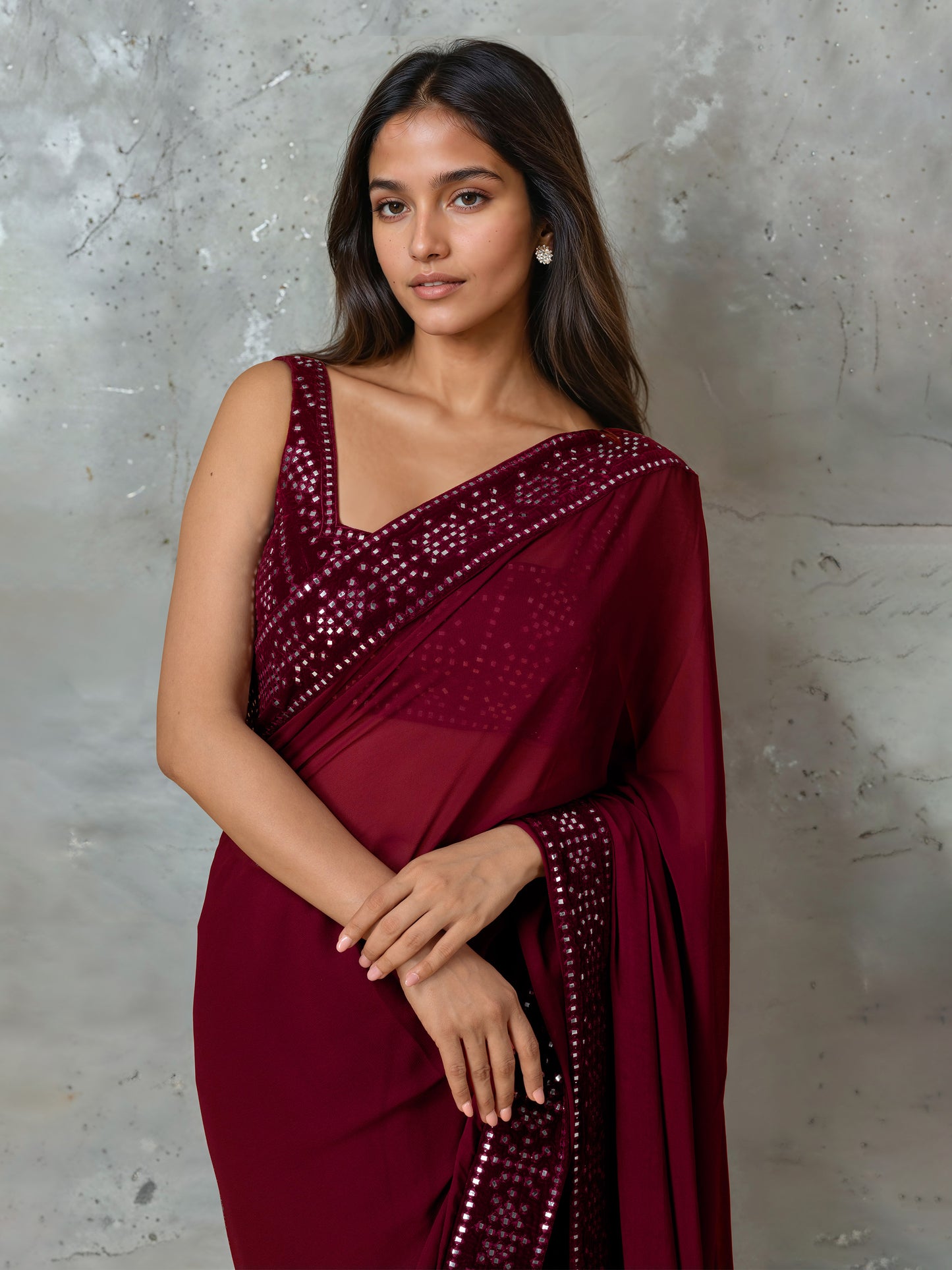 Dark Maroon Abla Work Saree and Blouse Set