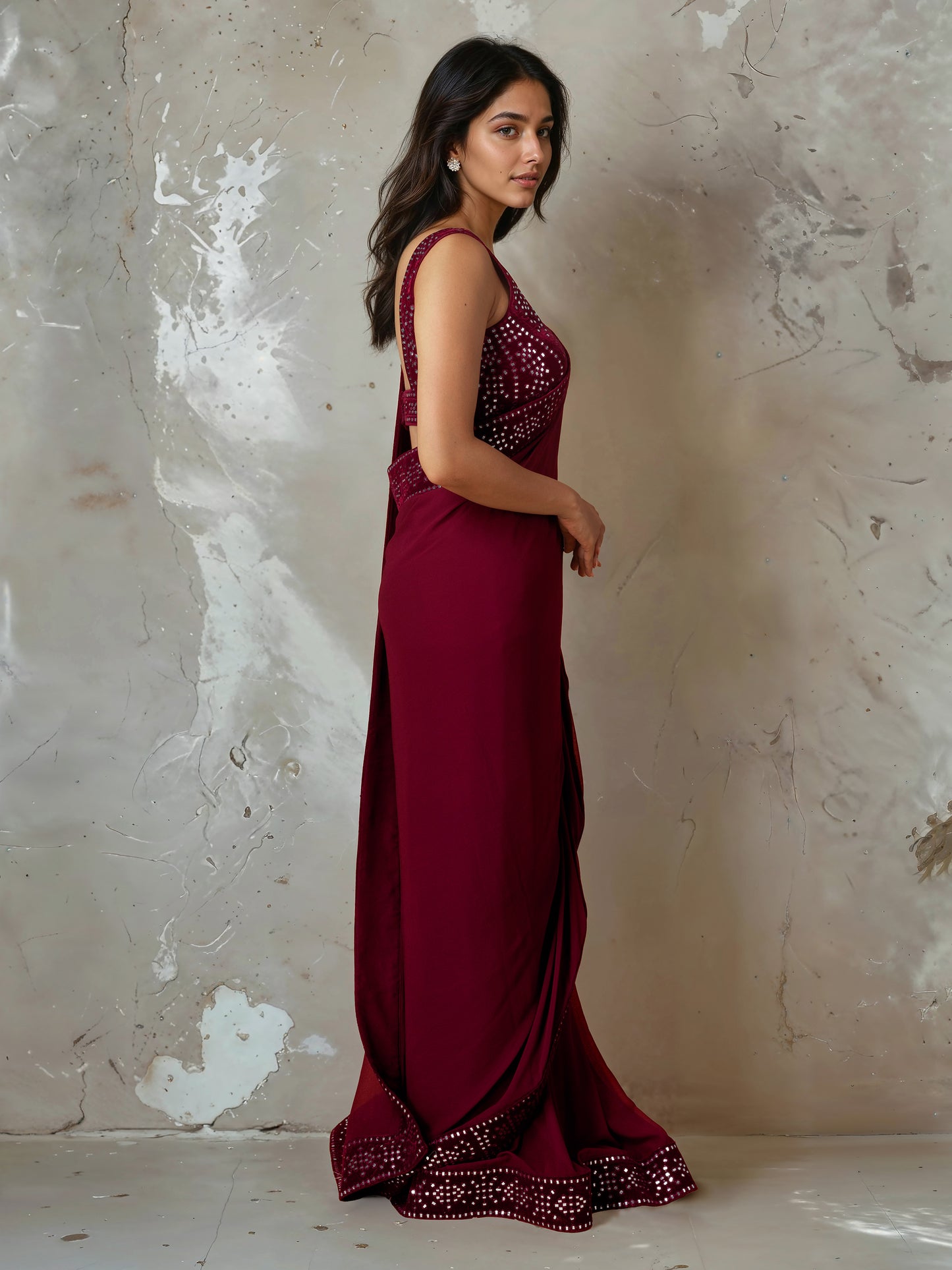 Dark Maroon Abla Work Saree and Blouse Set