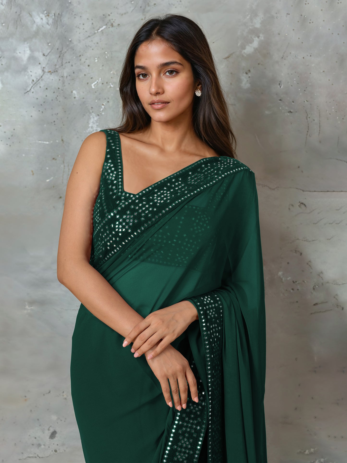 Sage Green Abla Work Saree and Blouse Set