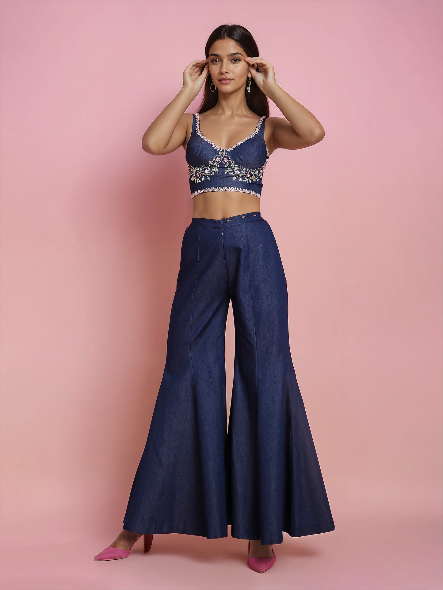 Hand Embroidered Denim Corset with Denim Drape Sharara Saree with detachable Pallu