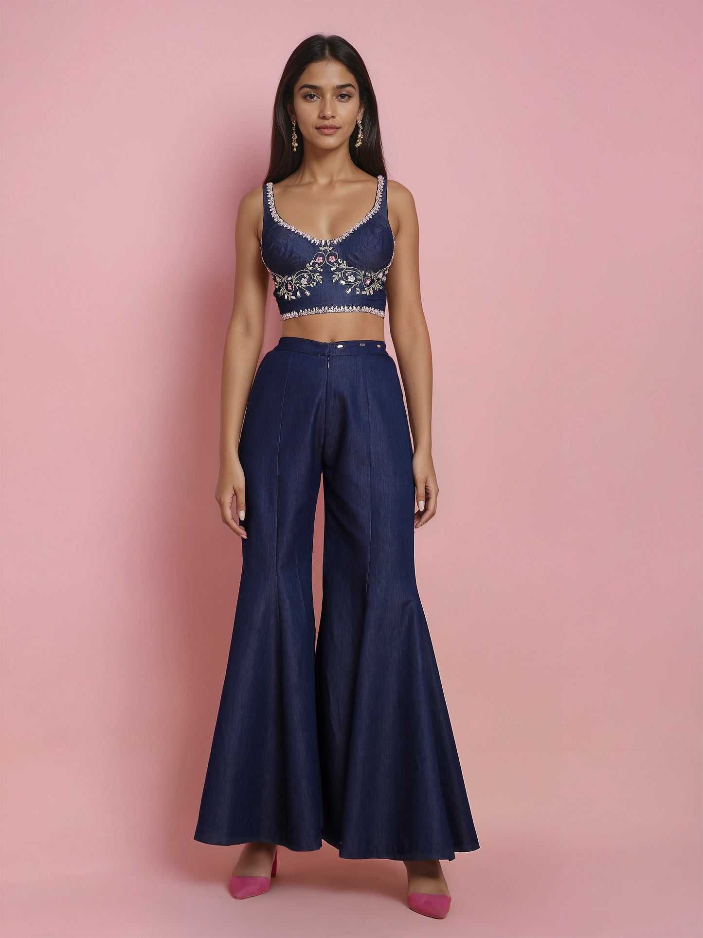 Hand Embroidered Denim Corset with Denim Drape Sharara Saree with detachable Pallu