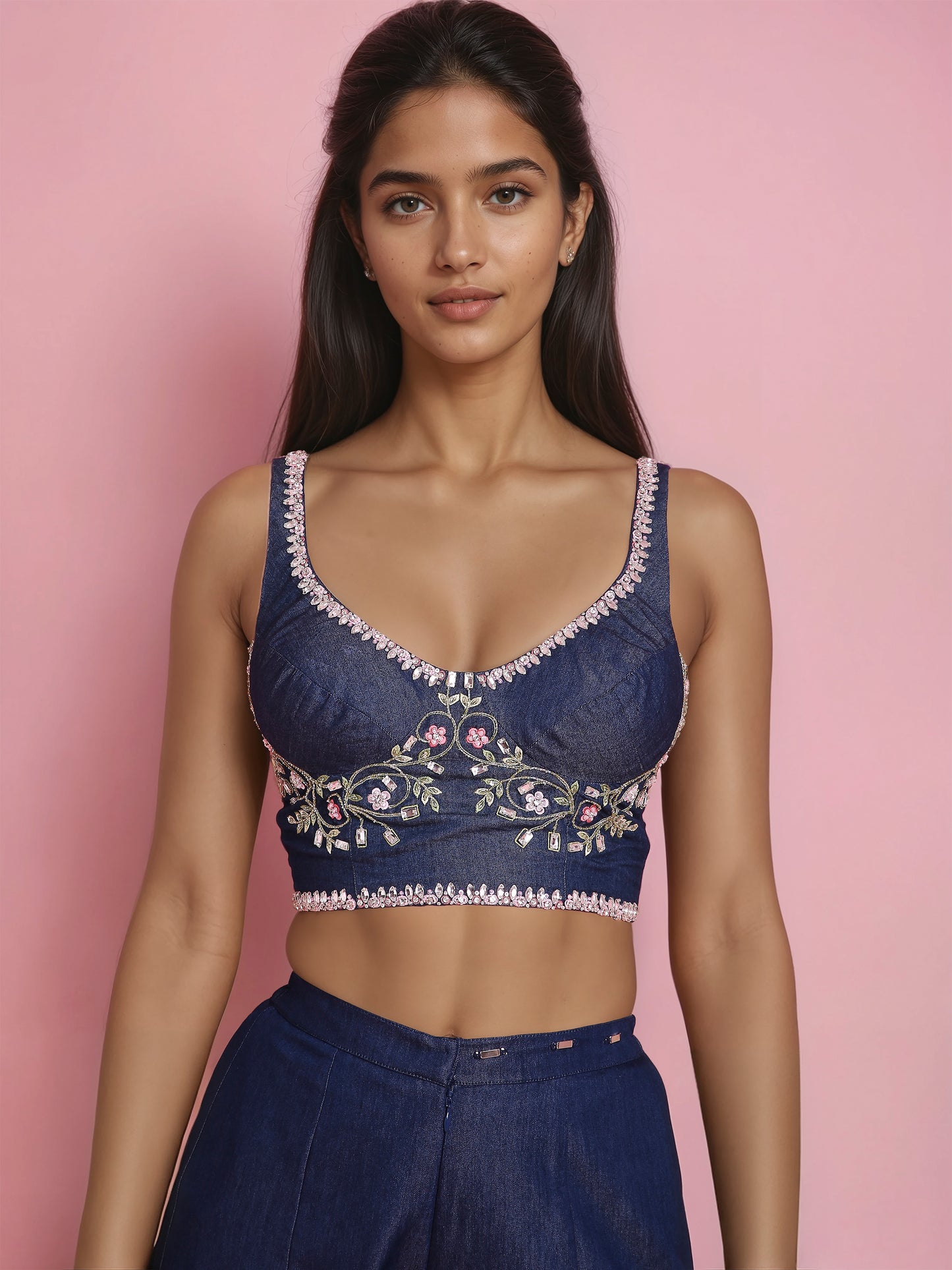 Hand Embroidered Denim Corset with Denim Drape Sharara Saree with detachable Pallu