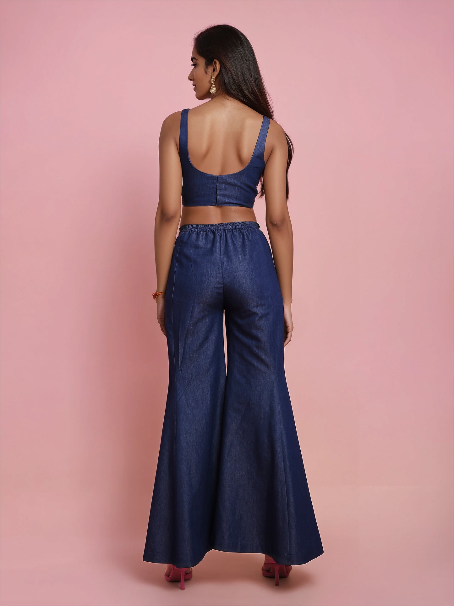 Hand Embroidered Denim Corset with Denim Drape Sharara Saree with detachable Pallu
