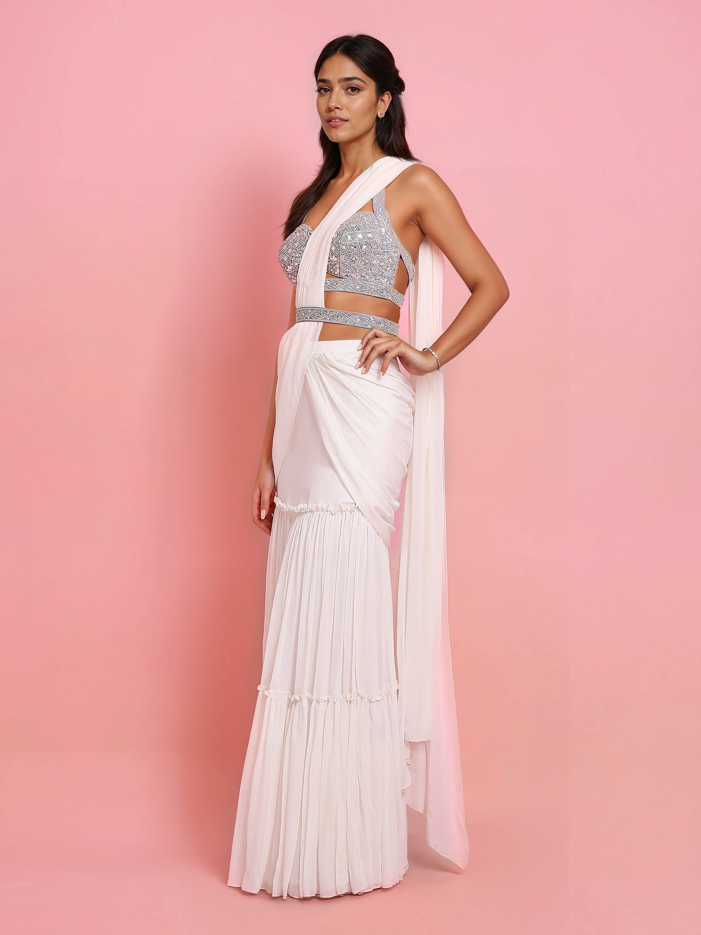 Hand Embroidered Denim Blouse with Ivory Georgette Drape Saree and Belt