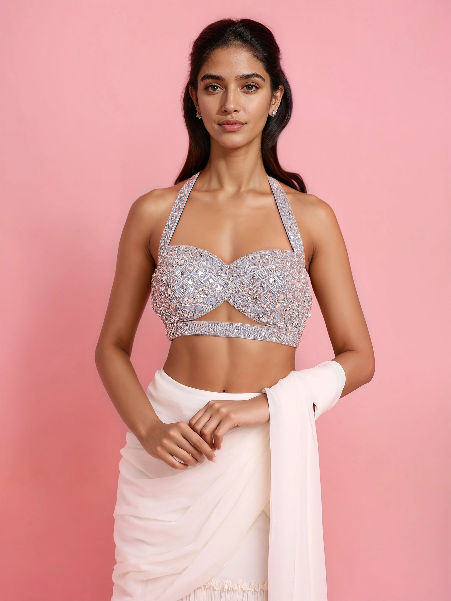 Hand Embroidered Denim Blouse with Ivory Georgette Drape Saree and Belt